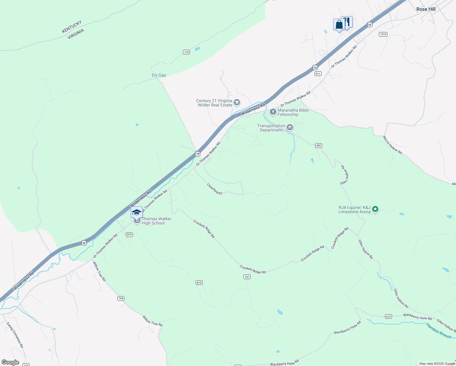 map of restaurants, bars, coffee shops, grocery stores, and more near 3874 Doctor Thomas Walker Road in Ewing