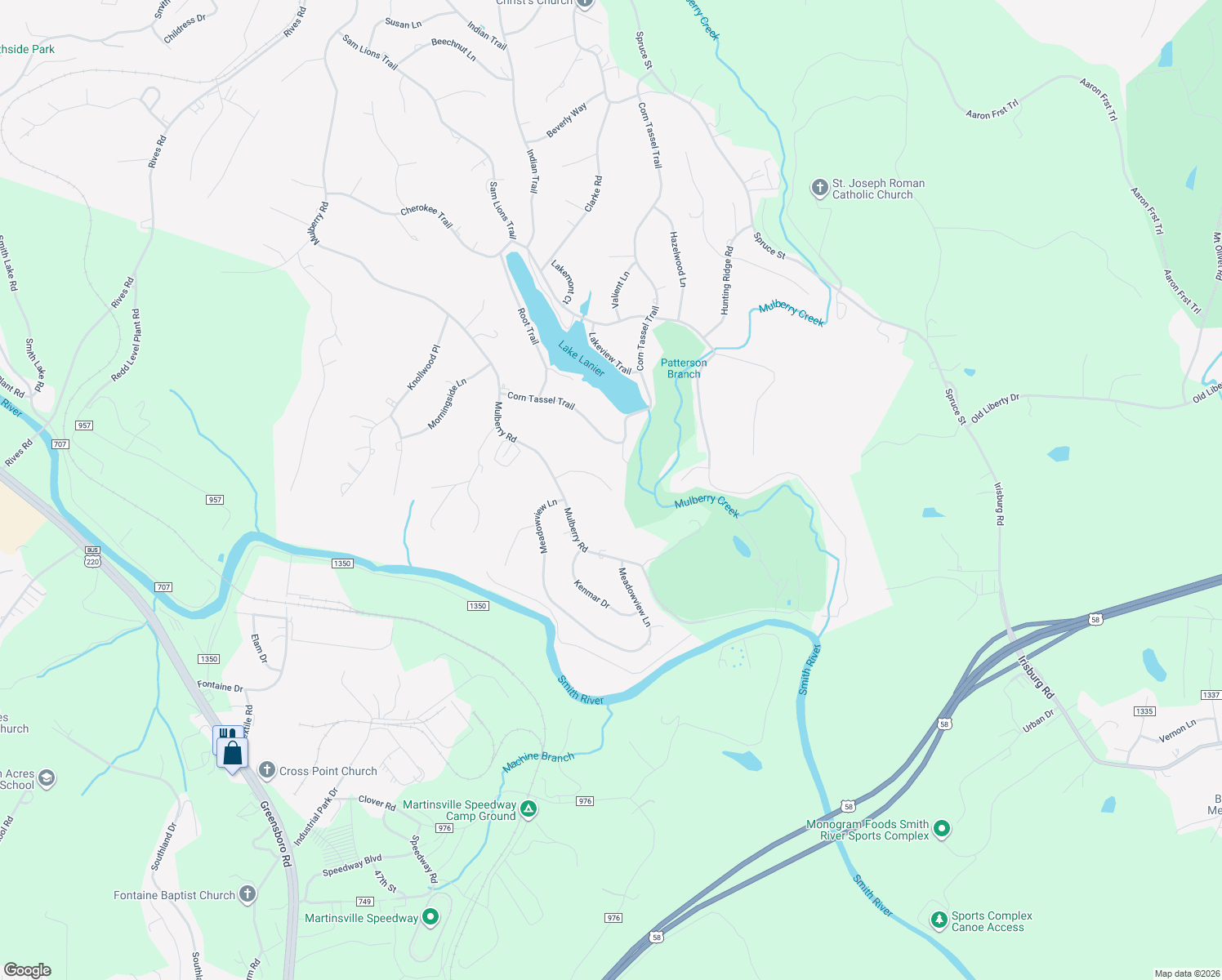map of restaurants, bars, coffee shops, grocery stores, and more near 199 Mulberry Court in Martinsville
