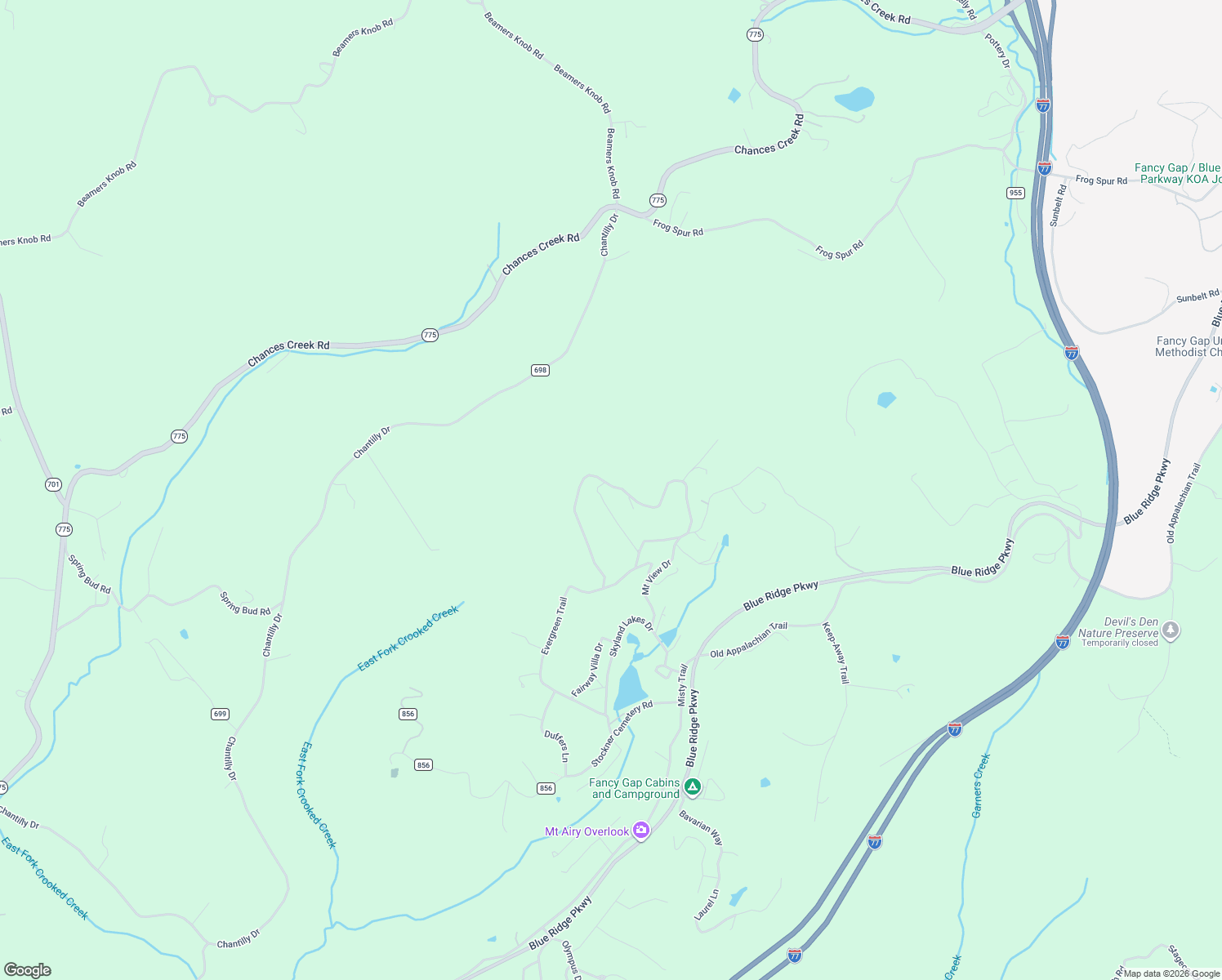 map of restaurants, bars, coffee shops, grocery stores, and more near Rhododendron Lane in Fancy Gap
