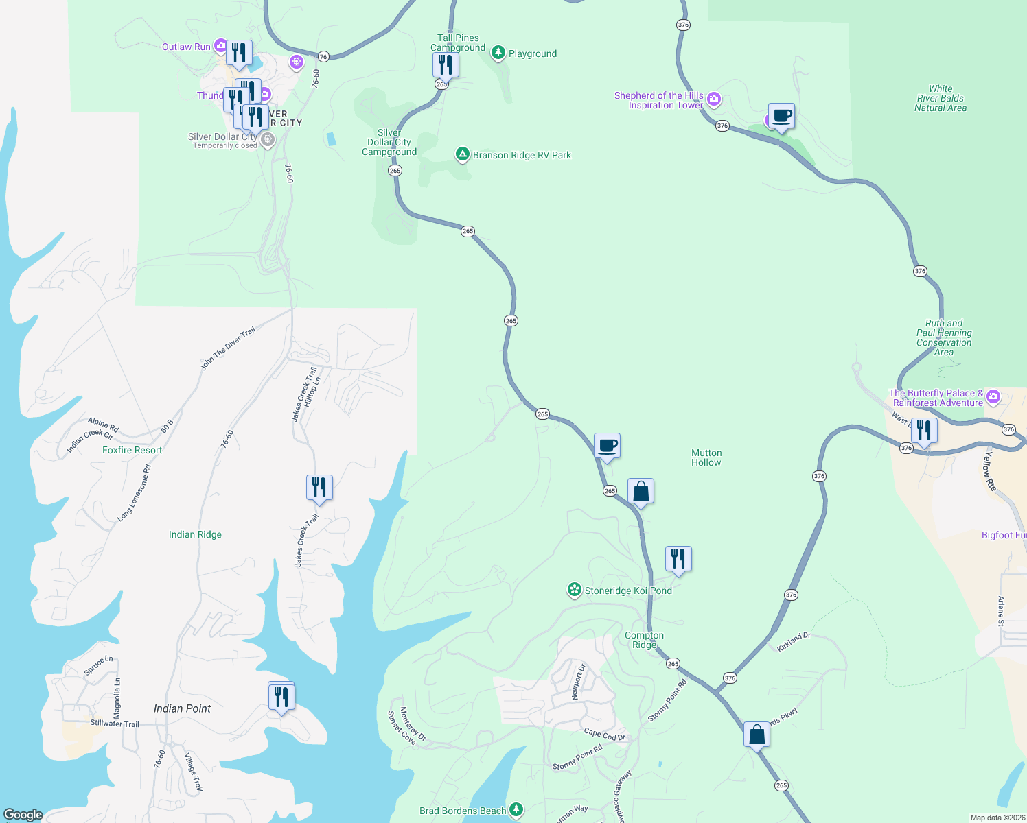 map of restaurants, bars, coffee shops, grocery stores, and more near 4261-4403 Highway 265 in Branson