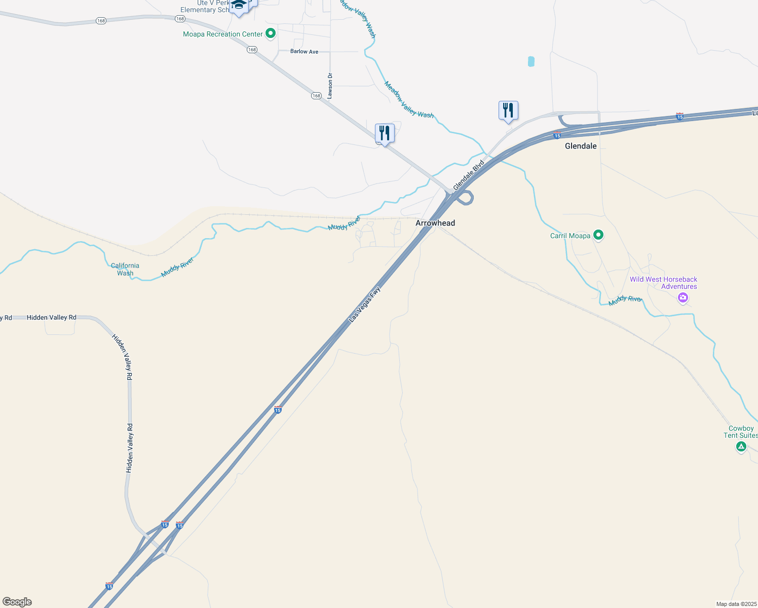 map of restaurants, bars, coffee shops, grocery stores, and more near Interstate 15 in Moapa