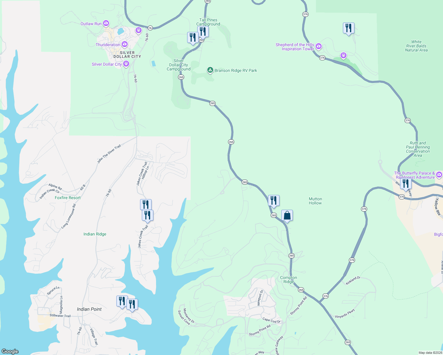 map of restaurants, bars, coffee shops, grocery stores, and more near 95 Wildlife Trail in Branson