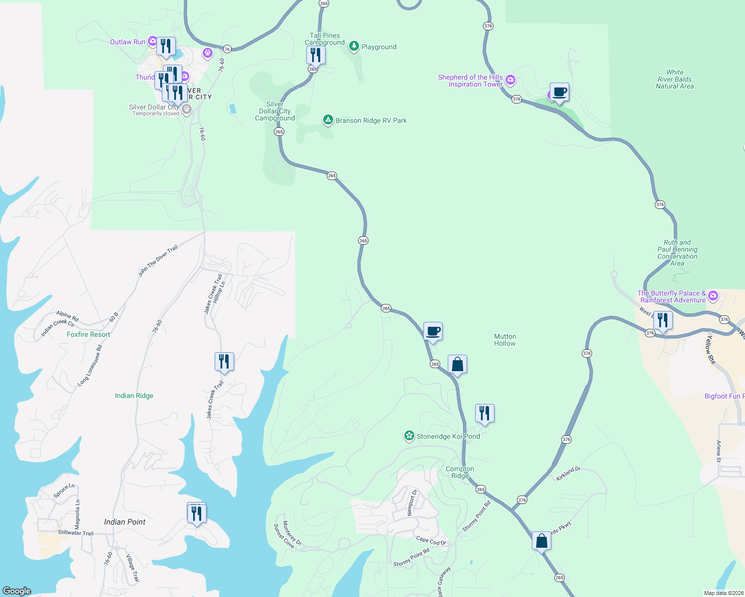 map of restaurants, bars, coffee shops, grocery stores, and more near 4261 State Highway 265 in Branson