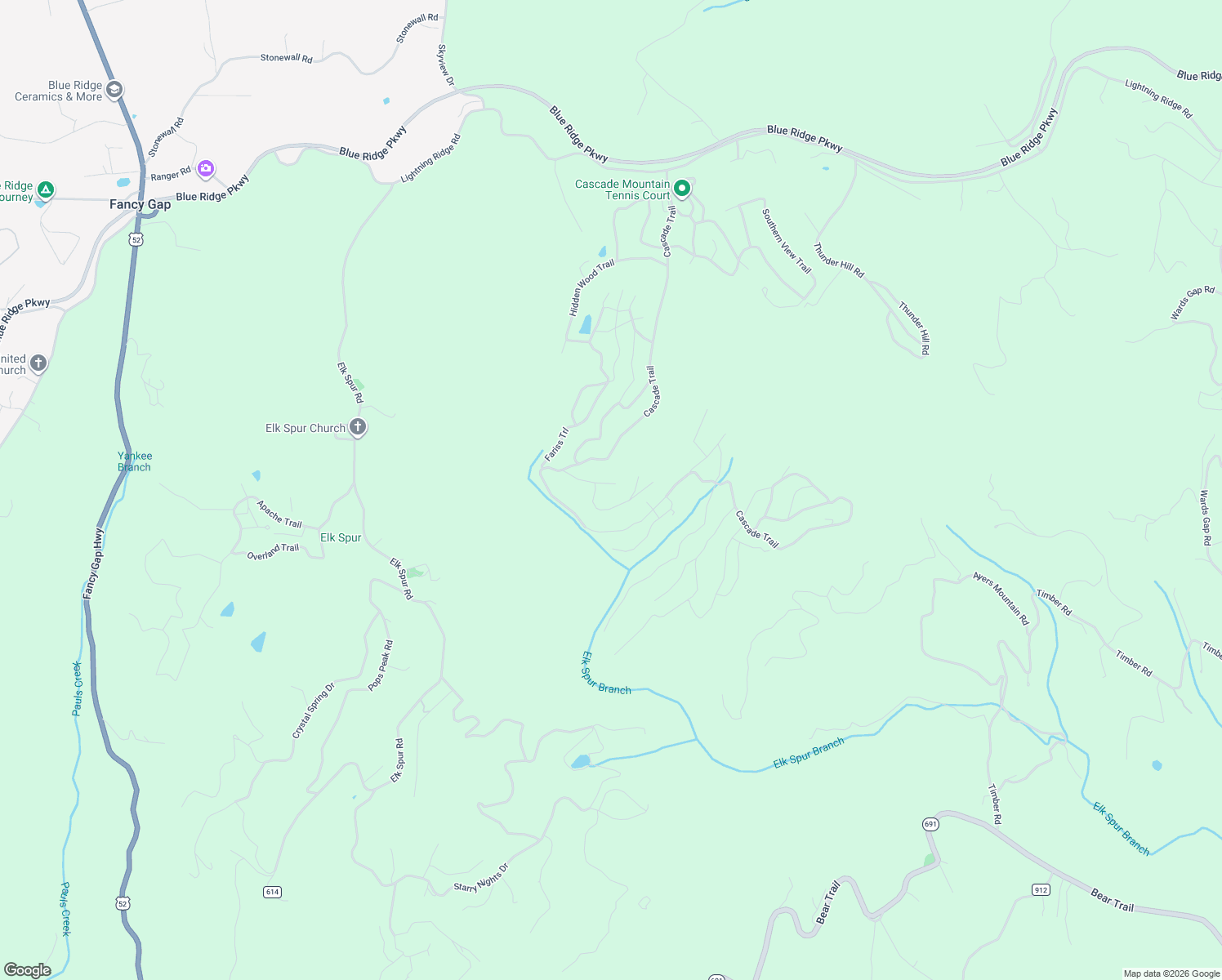 map of restaurants, bars, coffee shops, grocery stores, and more near 152 Chestnut Ridge Trail in Fancy Gap