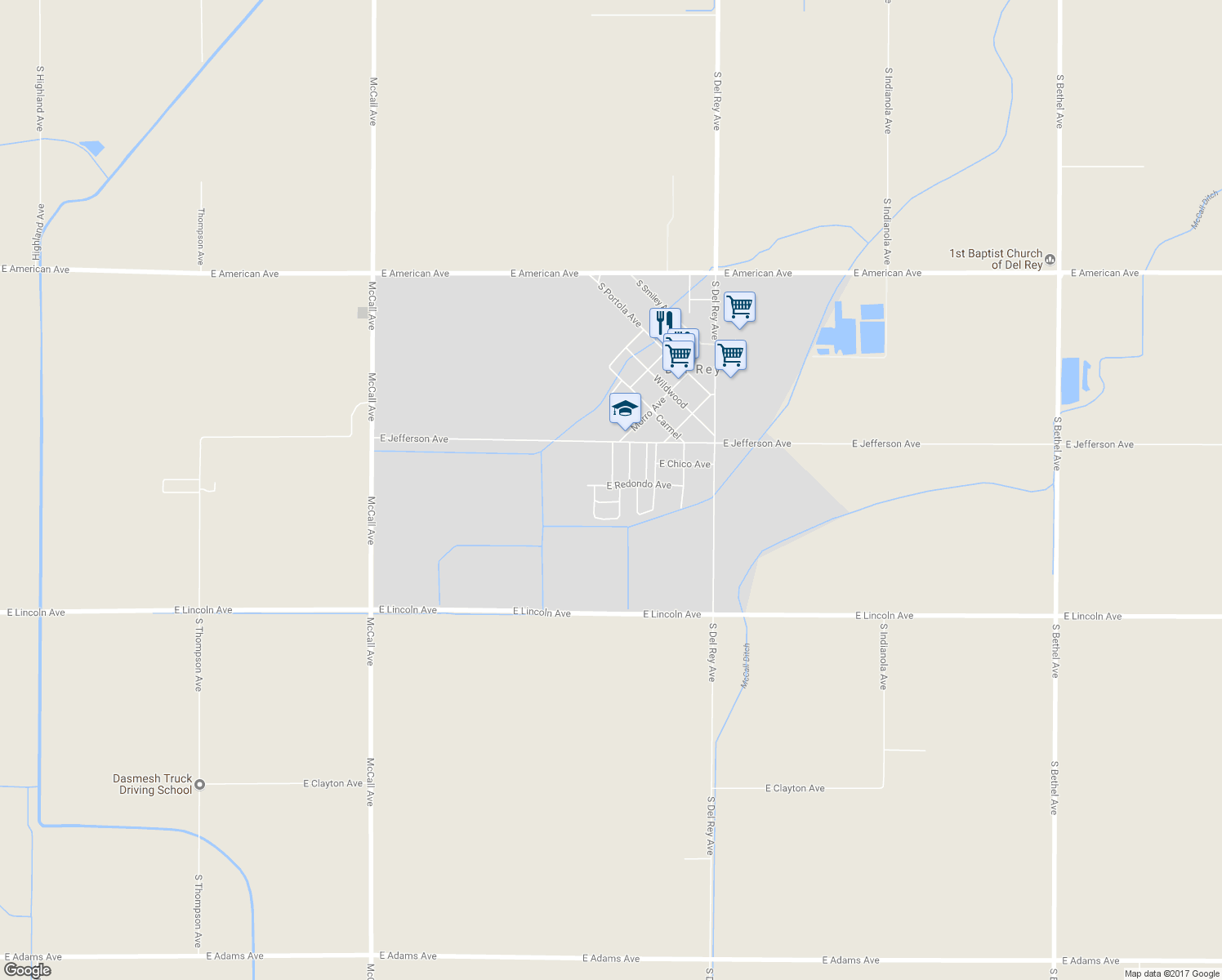 map of restaurants, bars, coffee shops, grocery stores, and more near 10669 East Redondo Avenue in Del Rey
