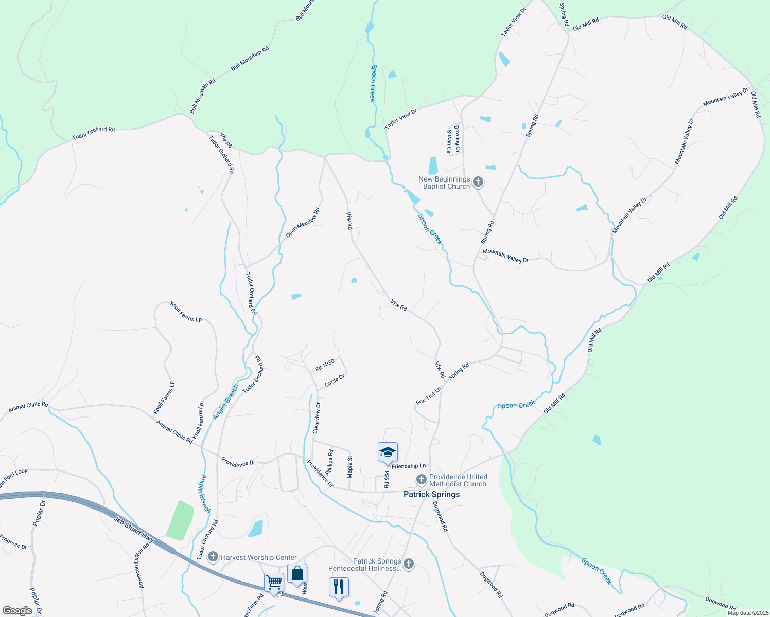 map of restaurants, bars, coffee shops, grocery stores, and more near 497 Vfw Road in Patrick Springs