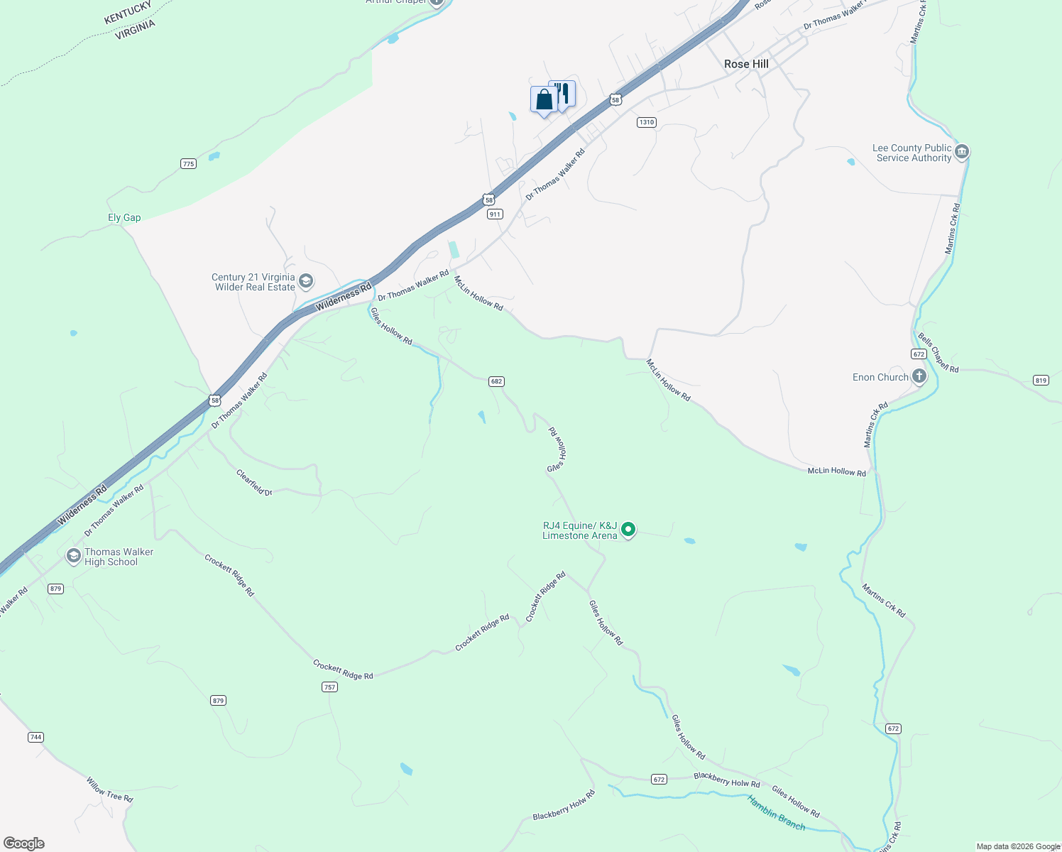 map of restaurants, bars, coffee shops, grocery stores, and more near 739 Giles Hollow Road in Rose Hill