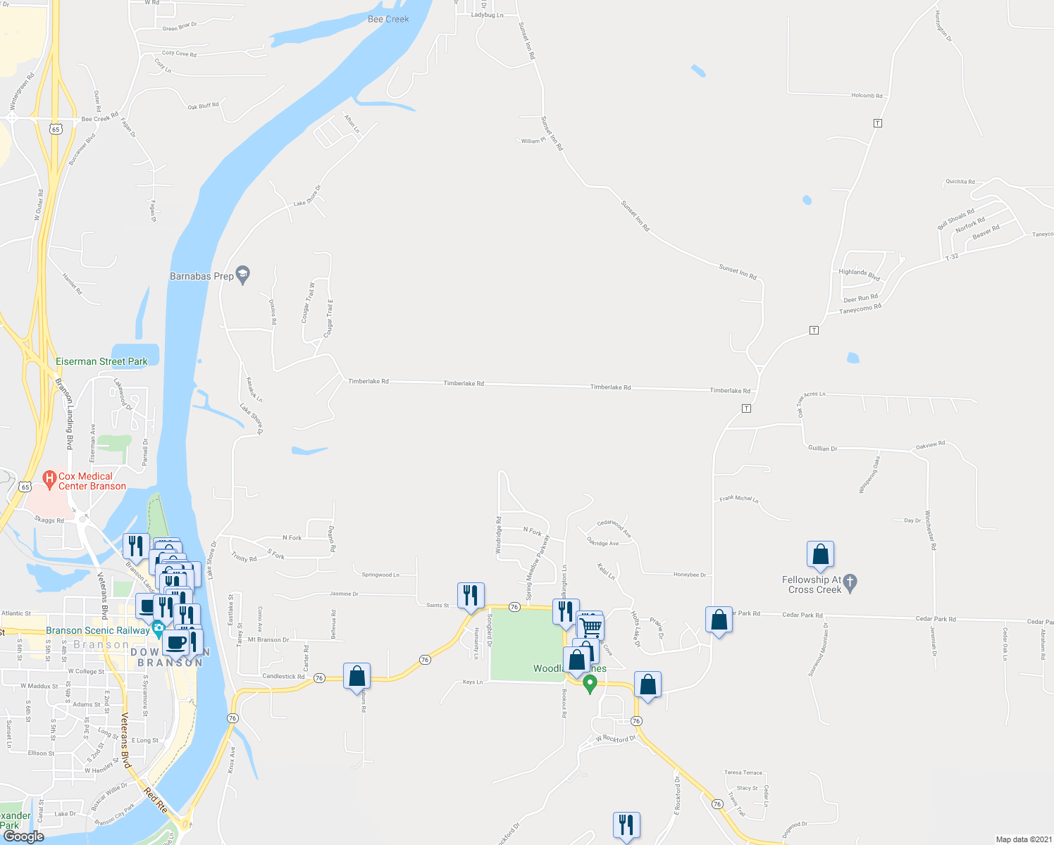 map of restaurants, bars, coffee shops, grocery stores, and more near 595 Timberlake Road in Branson