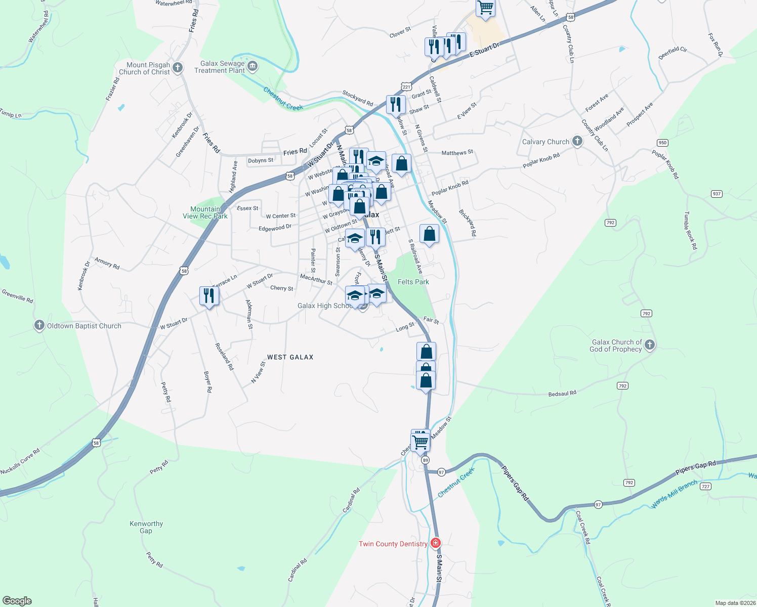 map of restaurants, bars, coffee shops, grocery stores, and more near 216 Anderson Street in Galax