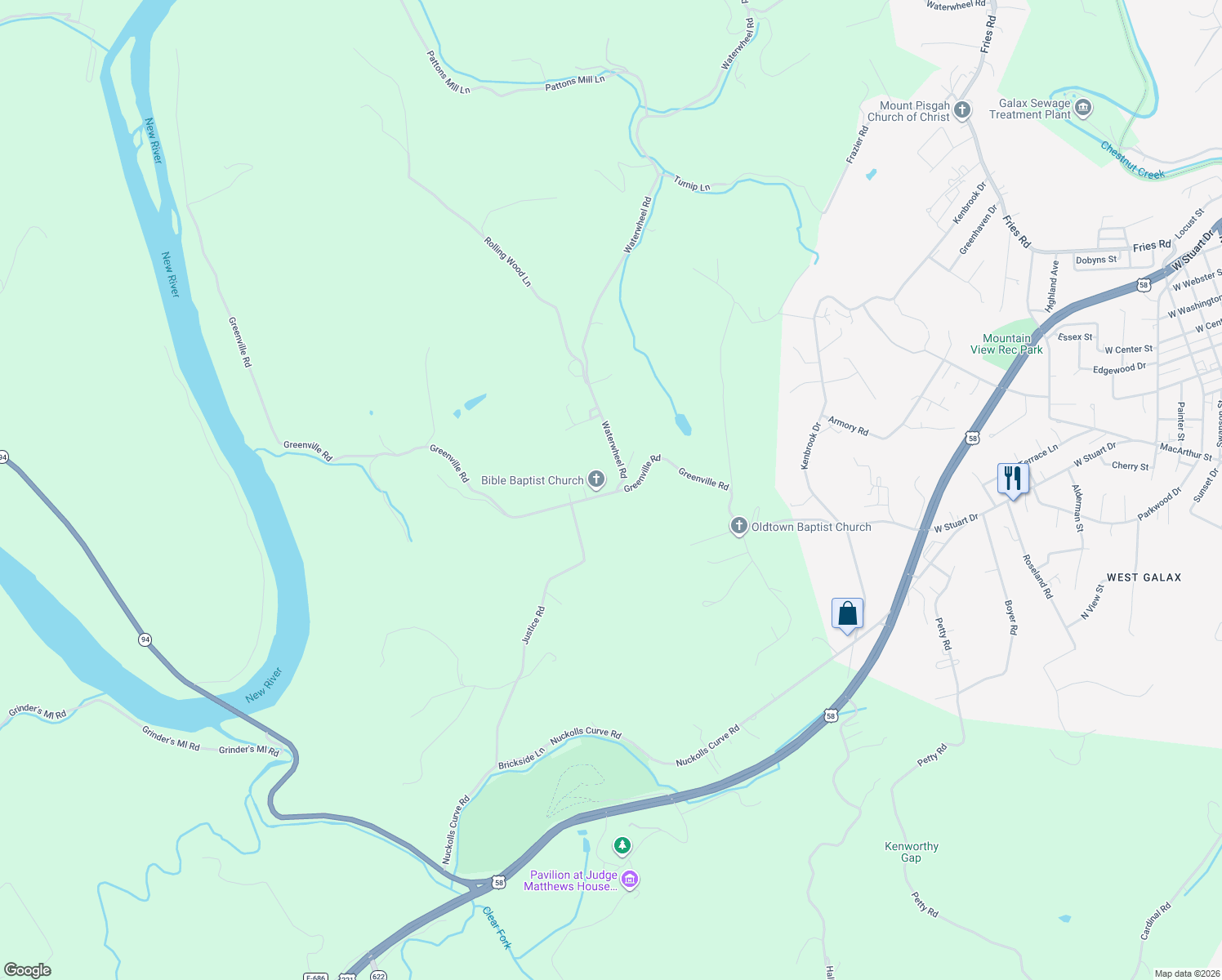 map of restaurants, bars, coffee shops, grocery stores, and more near 2224 Waterwheel Road in Galax