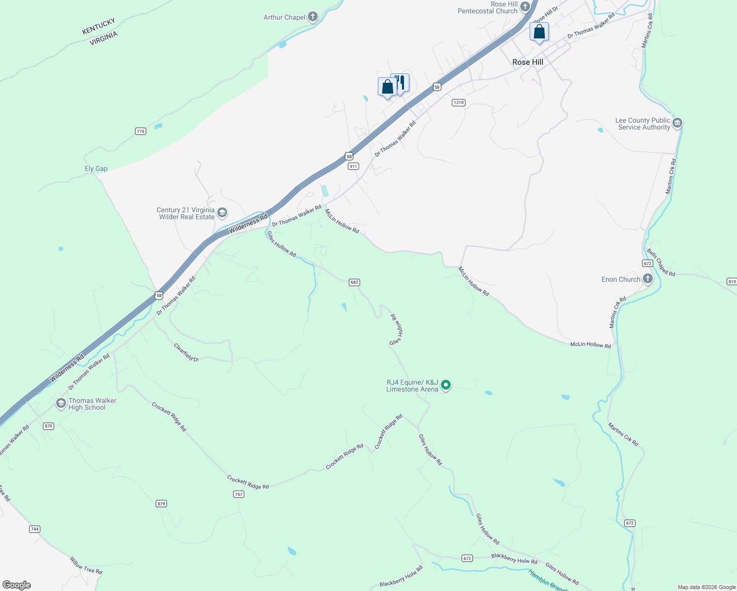 map of restaurants, bars, coffee shops, grocery stores, and more near 739 Giles Hollow Road in Rose Hill