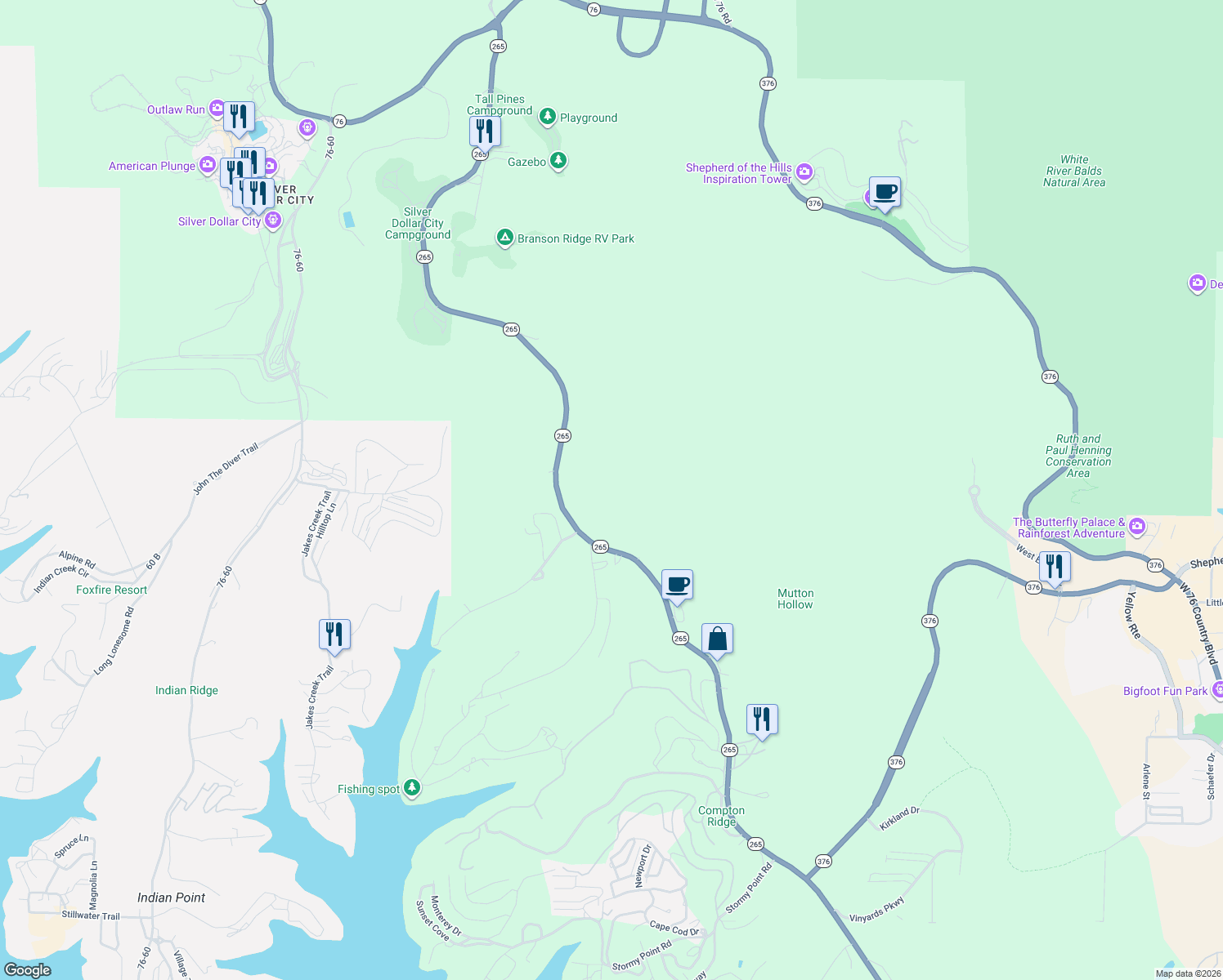map of restaurants, bars, coffee shops, grocery stores, and more near 4404-4530 State Highway 265 in Branson
