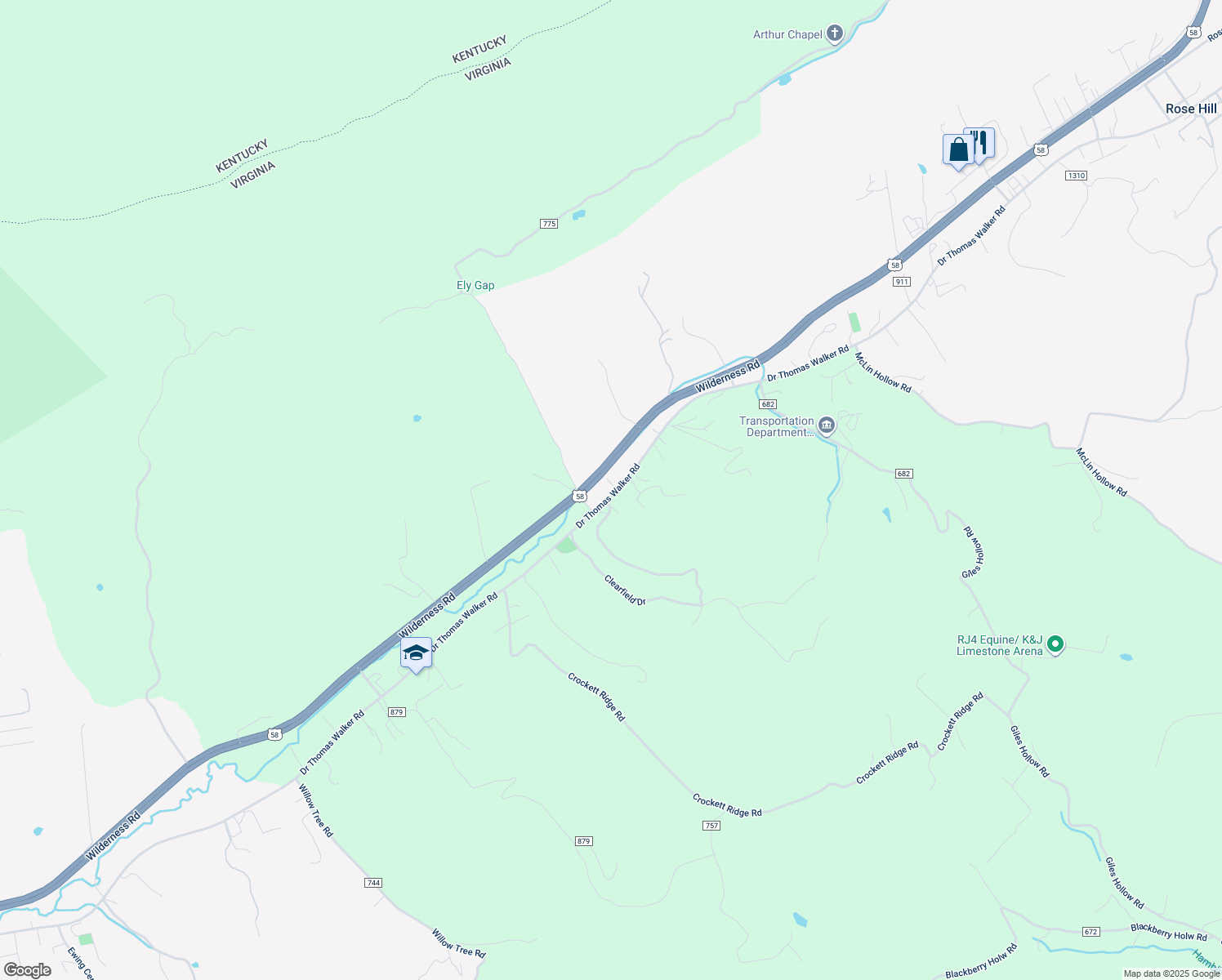 map of restaurants, bars, coffee shops, grocery stores, and more near 3981 U.S. 58 Bus in Rose Hill