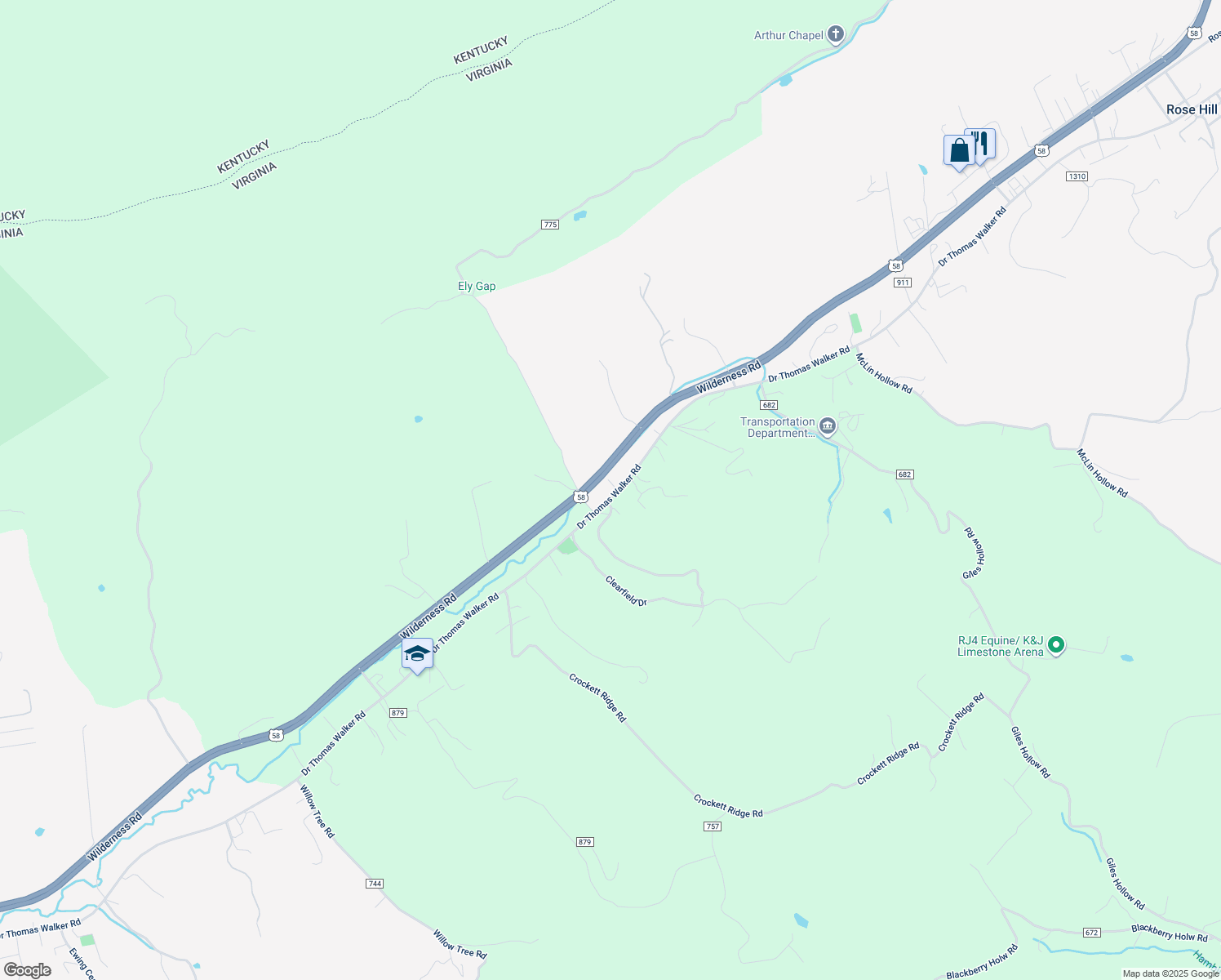 map of restaurants, bars, coffee shops, grocery stores, and more near 3981 U.S. 58 Bus in Rose Hill