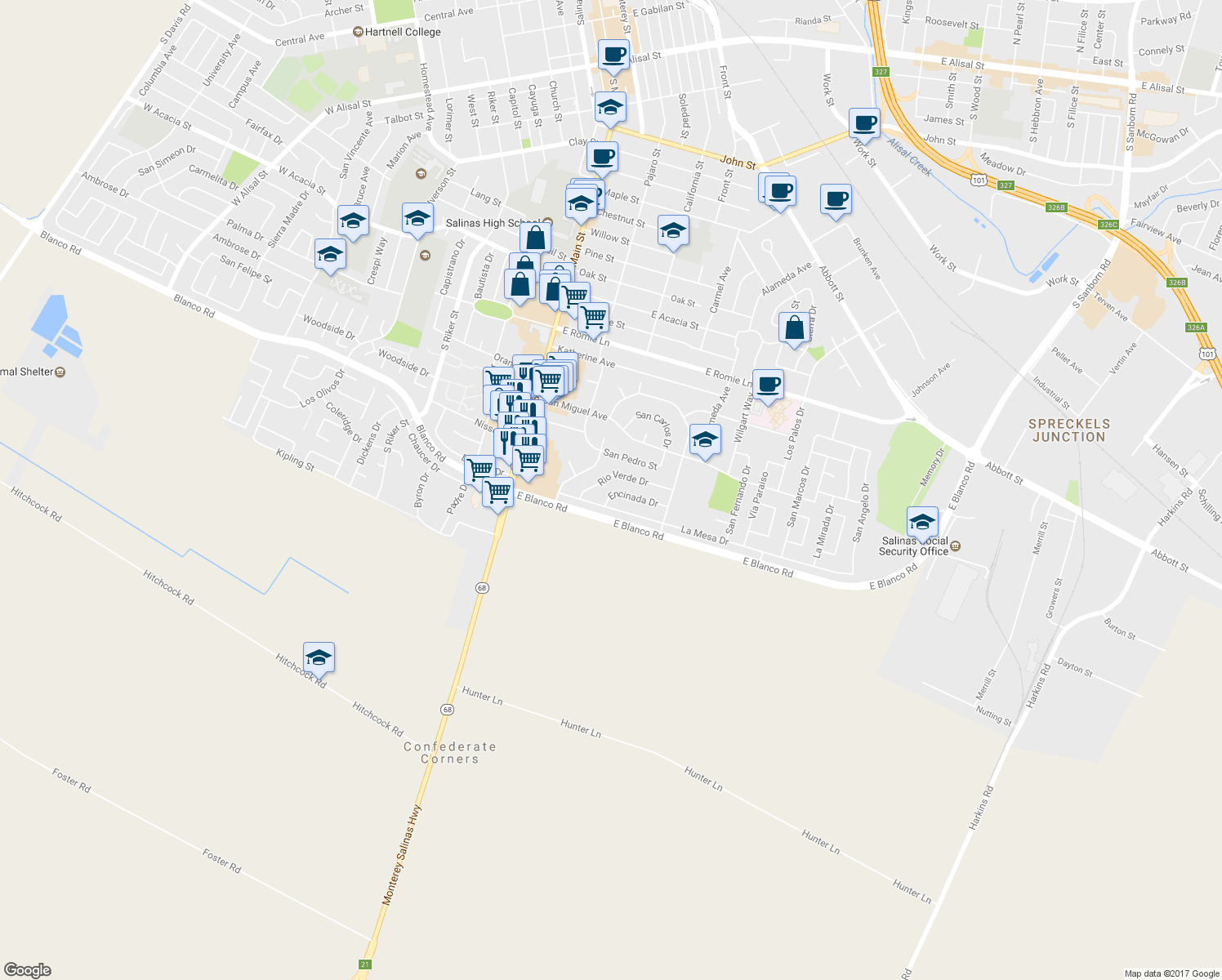 map of restaurants, bars, coffee shops, grocery stores, and more near 207 Encinada Drive in Salinas