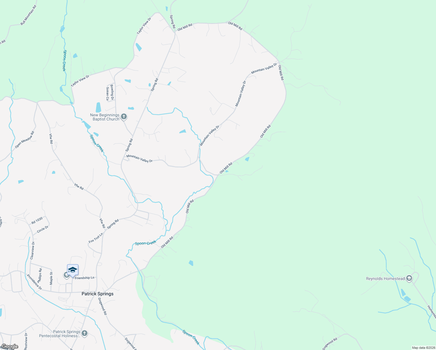 map of restaurants, bars, coffee shops, grocery stores, and more near Old Mill Road in Patrick Springs