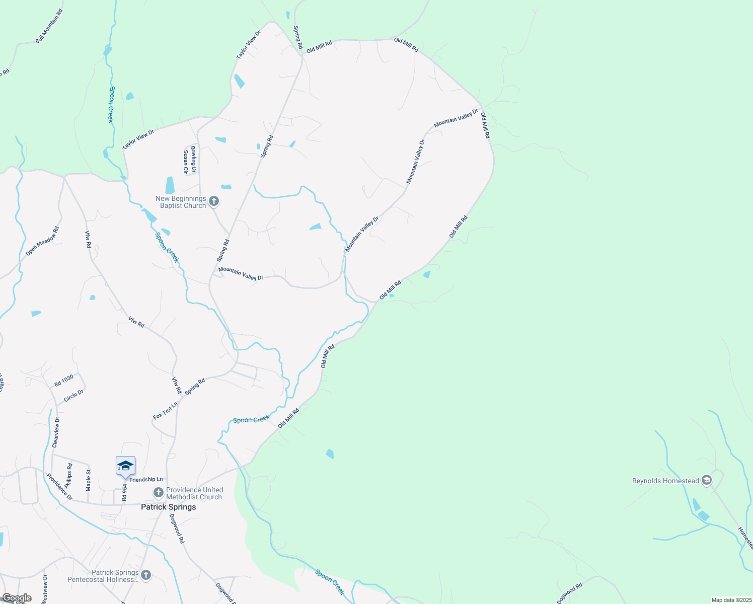 map of restaurants, bars, coffee shops, grocery stores, and more near Old Mill Road in Patrick Springs