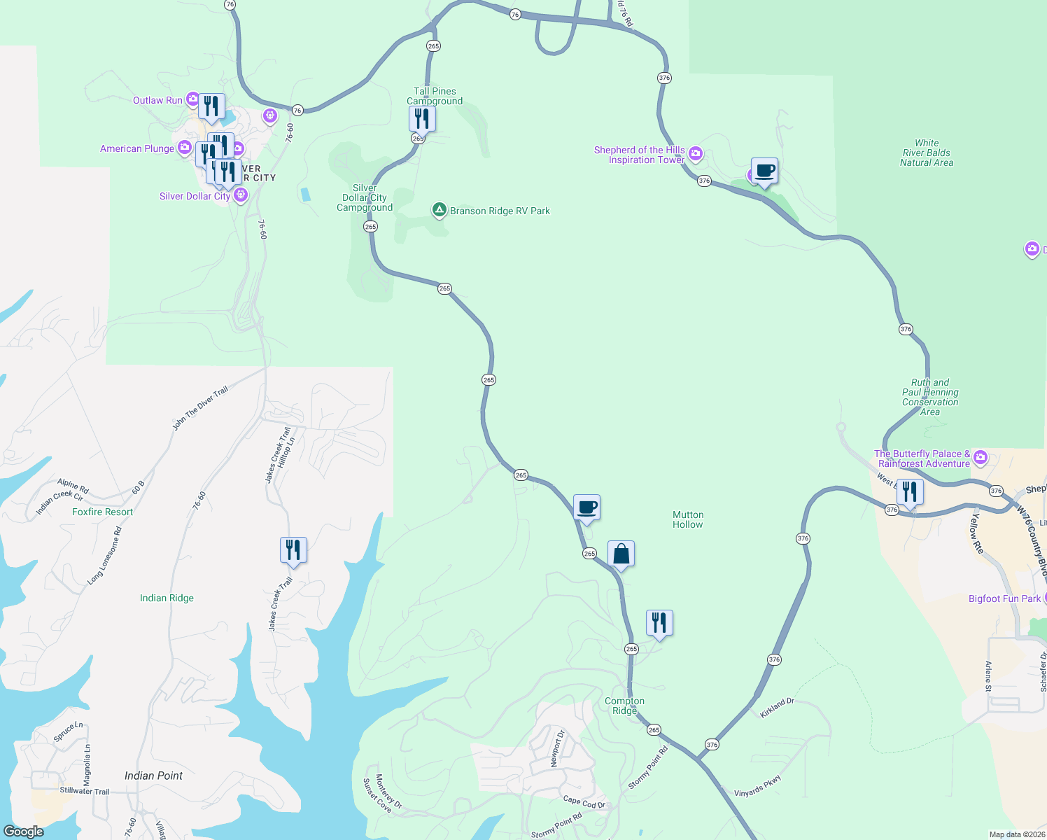 map of restaurants, bars, coffee shops, grocery stores, and more near 4404-4530 State Highway 265 in Branson
