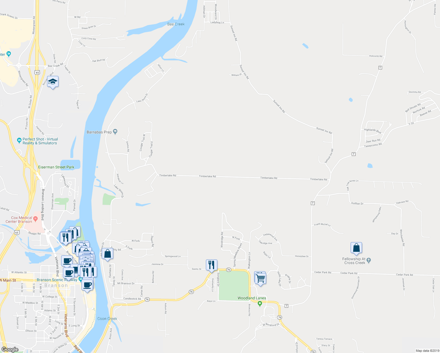 map of restaurants, bars, coffee shops, grocery stores, and more near 424 Timberlake Road in Branson