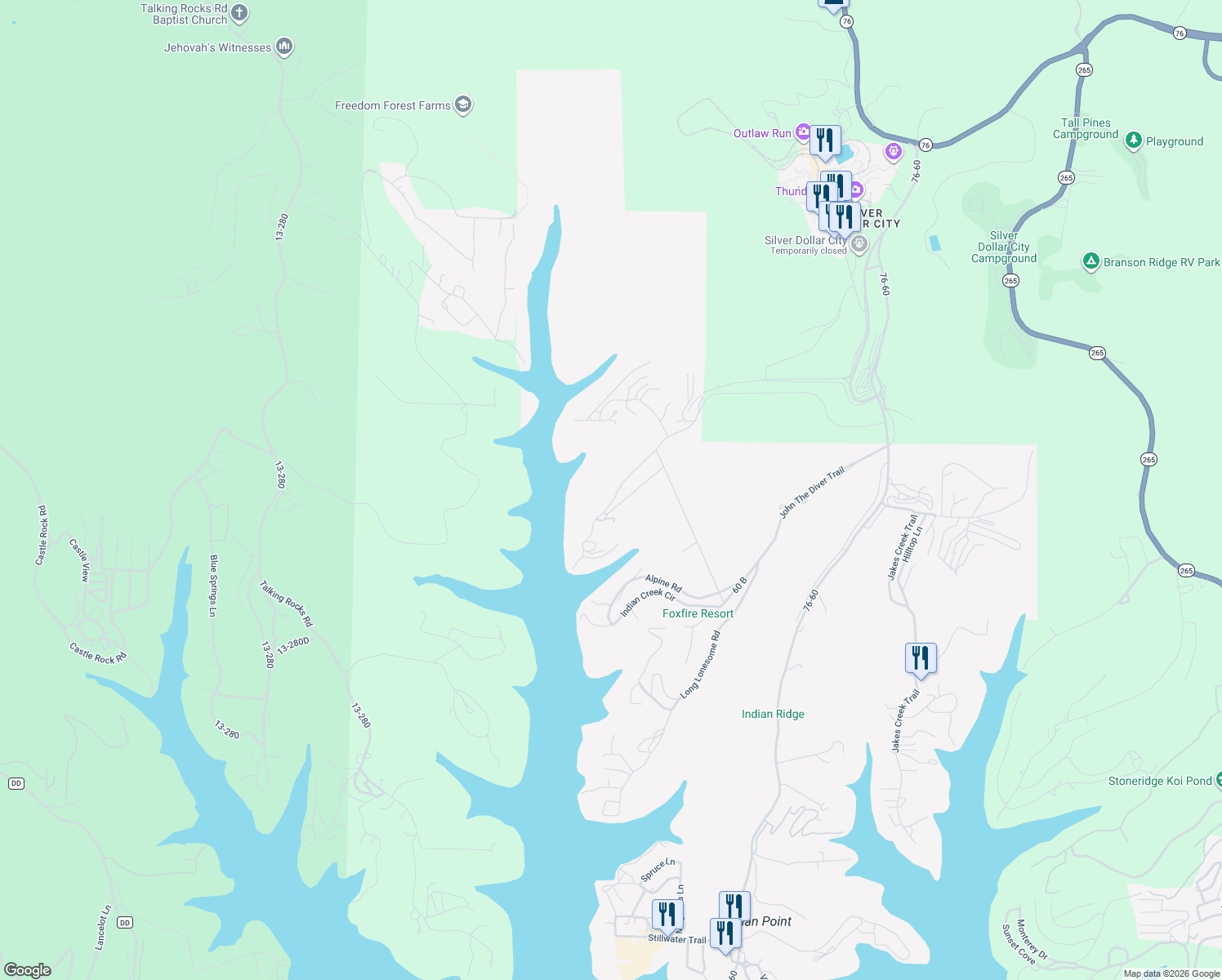 map of restaurants, bars, coffee shops, grocery stores, and more near 911 Crow's Nest Rd in Branson