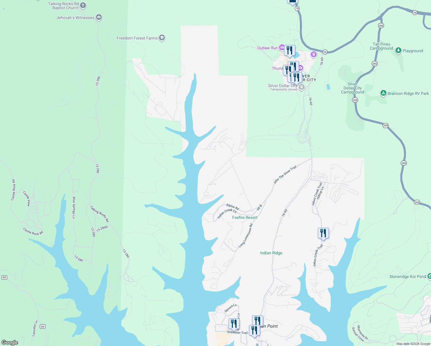map of restaurants, bars, coffee shops, grocery stores, and more near 911 Crow's Nest Rd in Branson