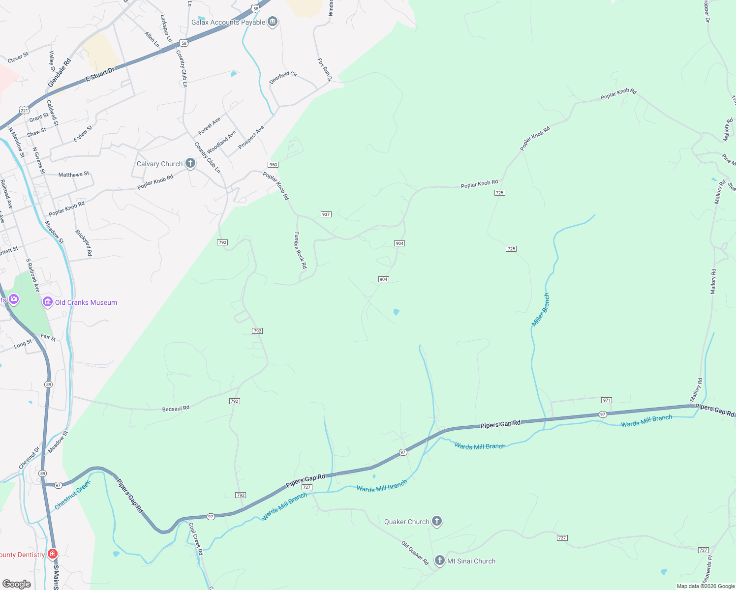 map of restaurants, bars, coffee shops, grocery stores, and more near 416 State Road 904 in Galax