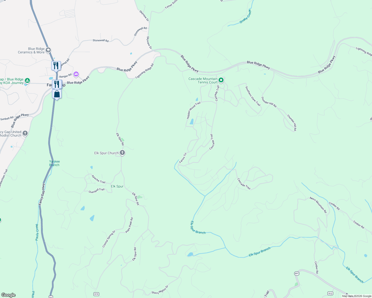map of restaurants, bars, coffee shops, grocery stores, and more near 277-283 Rock Ledge Trail in Fancy Gap