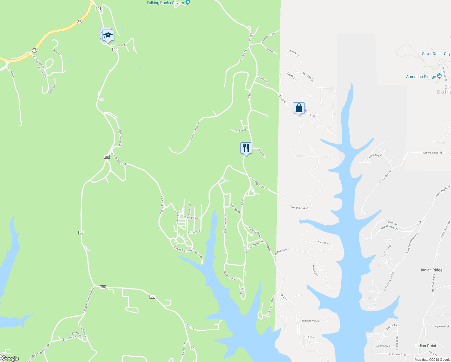 map of restaurants, bars, coffee shops, grocery stores, and more near 72 Azalea Lane in Reeds Spring