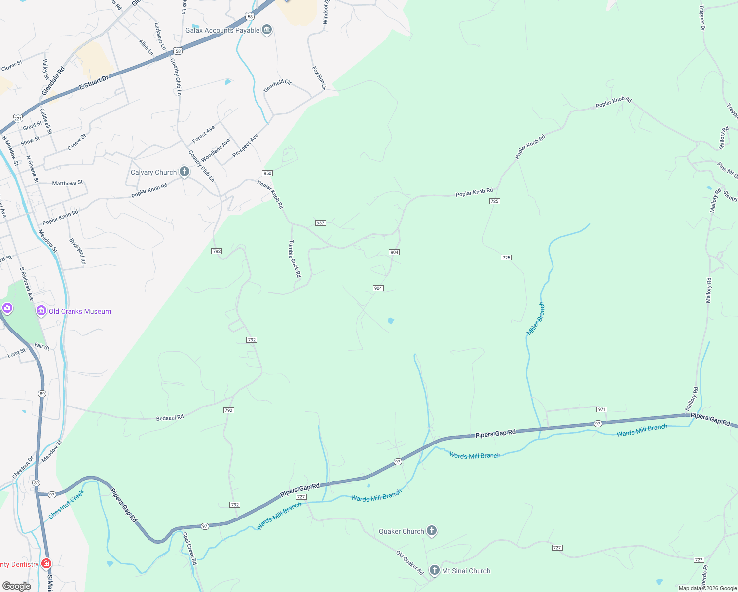 map of restaurants, bars, coffee shops, grocery stores, and more near 416 State Road 904 in Galax