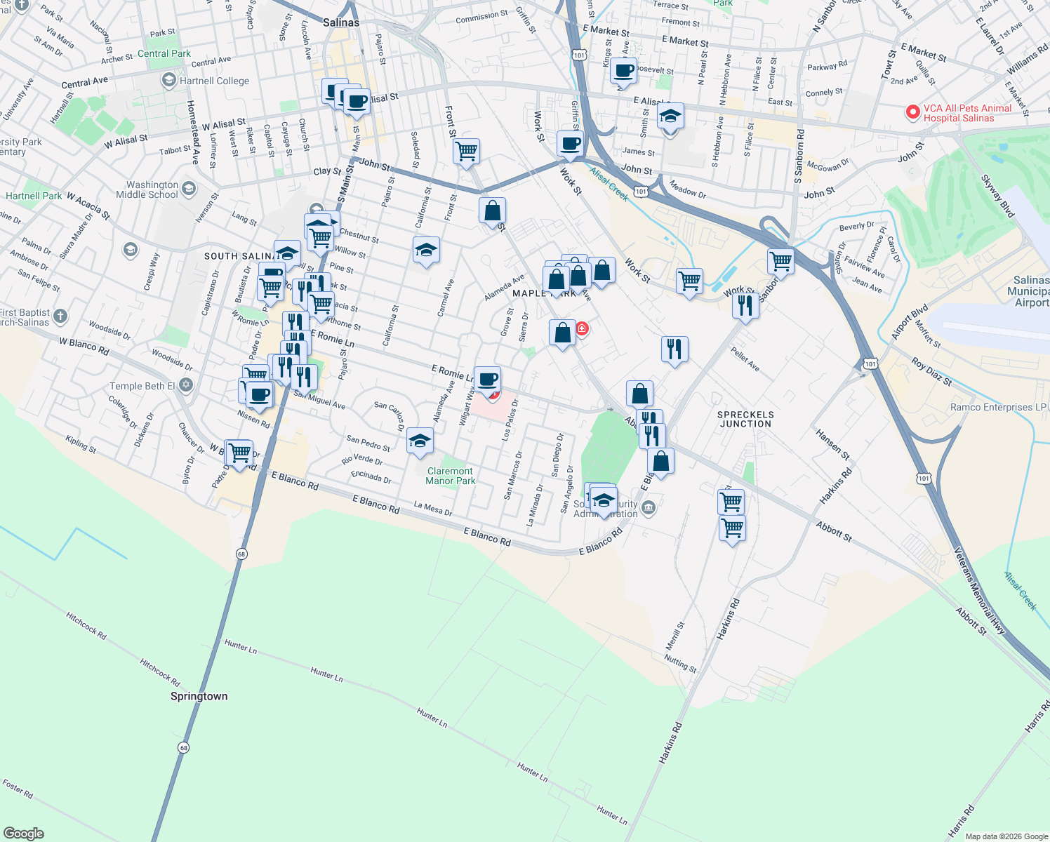 map of restaurants, bars, coffee shops, grocery stores, and more near 1102 San Marcos Drive in Salinas