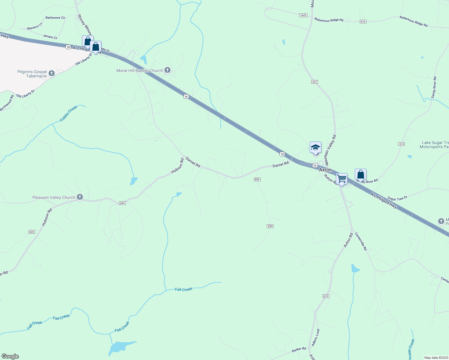 map of restaurants, bars, coffee shops, grocery stores, and more near Pebble Rock Drive in Axton