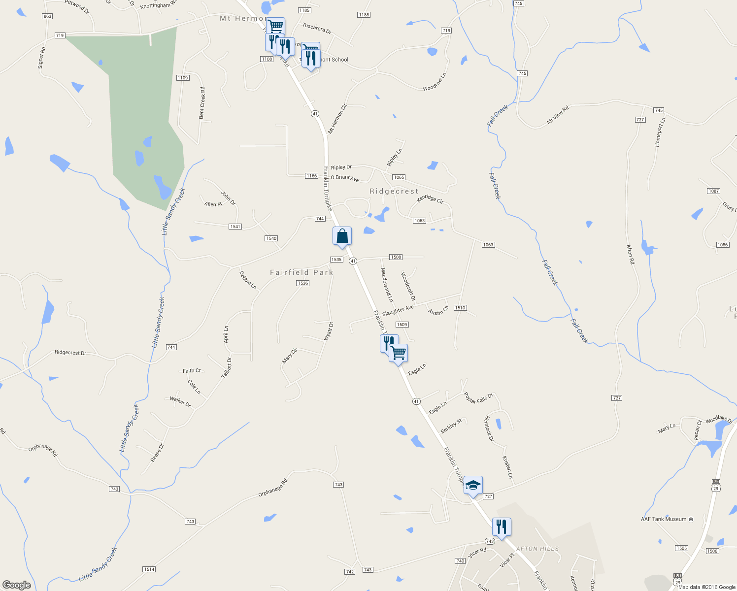 map of restaurants, bars, coffee shops, grocery stores, and more near Virginia 41 in Danville