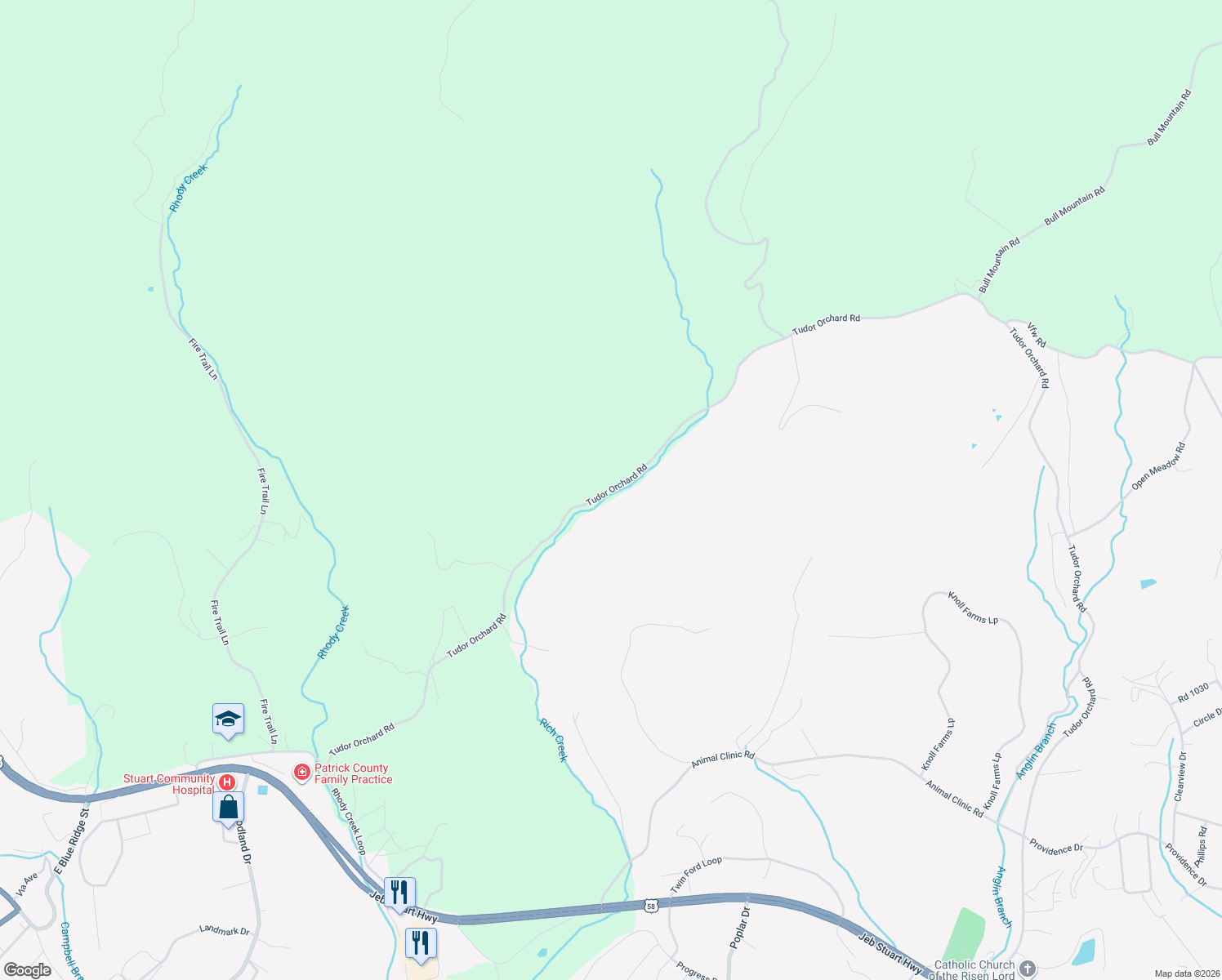 map of restaurants, bars, coffee shops, grocery stores, and more near Tudor Orchard Road in Stuart