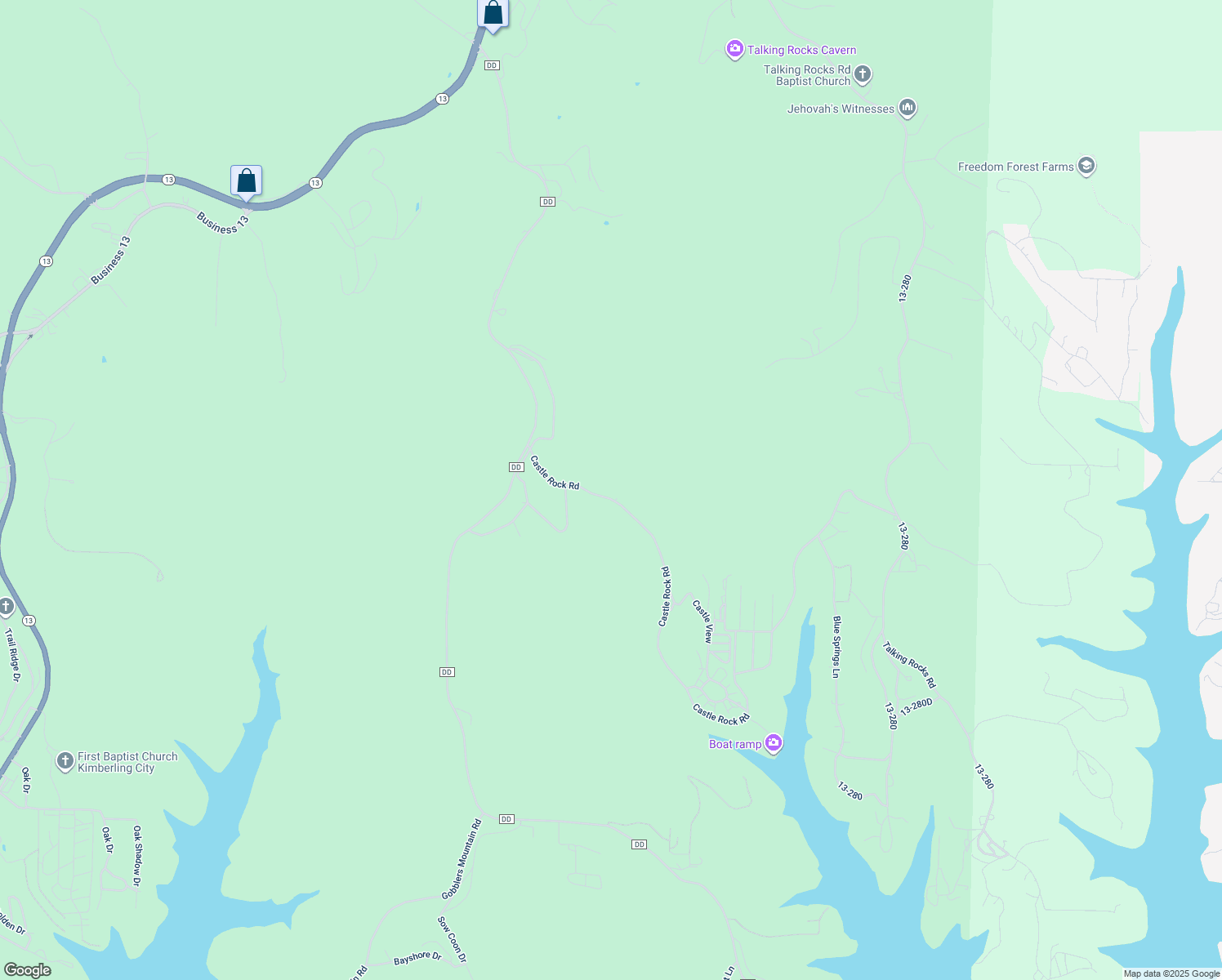 map of restaurants, bars, coffee shops, grocery stores, and more near 163-1335 Castle Rock Road in Reeds Spring