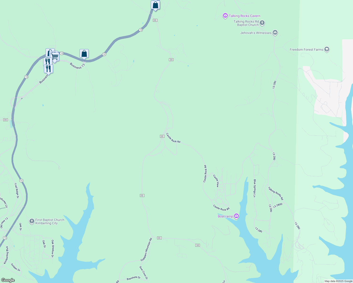 map of restaurants, bars, coffee shops, grocery stores, and more near 163 Castle Rock Road in Reeds Spring