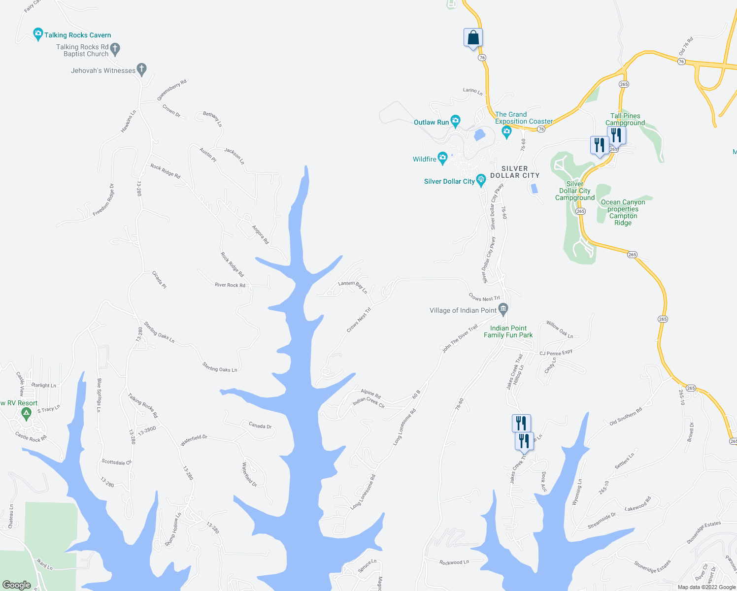 map of restaurants, bars, coffee shops, grocery stores, and more near 59 Lantern Bay Lane in Branson