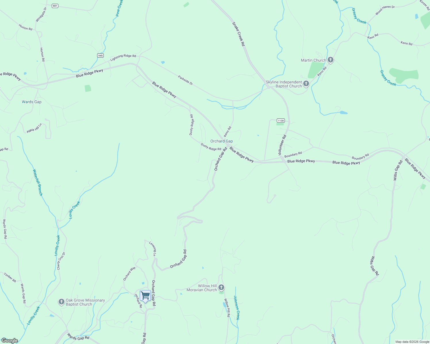 map of restaurants, bars, coffee shops, grocery stores, and more near Pilot Mountain Lane in Fancy Gap