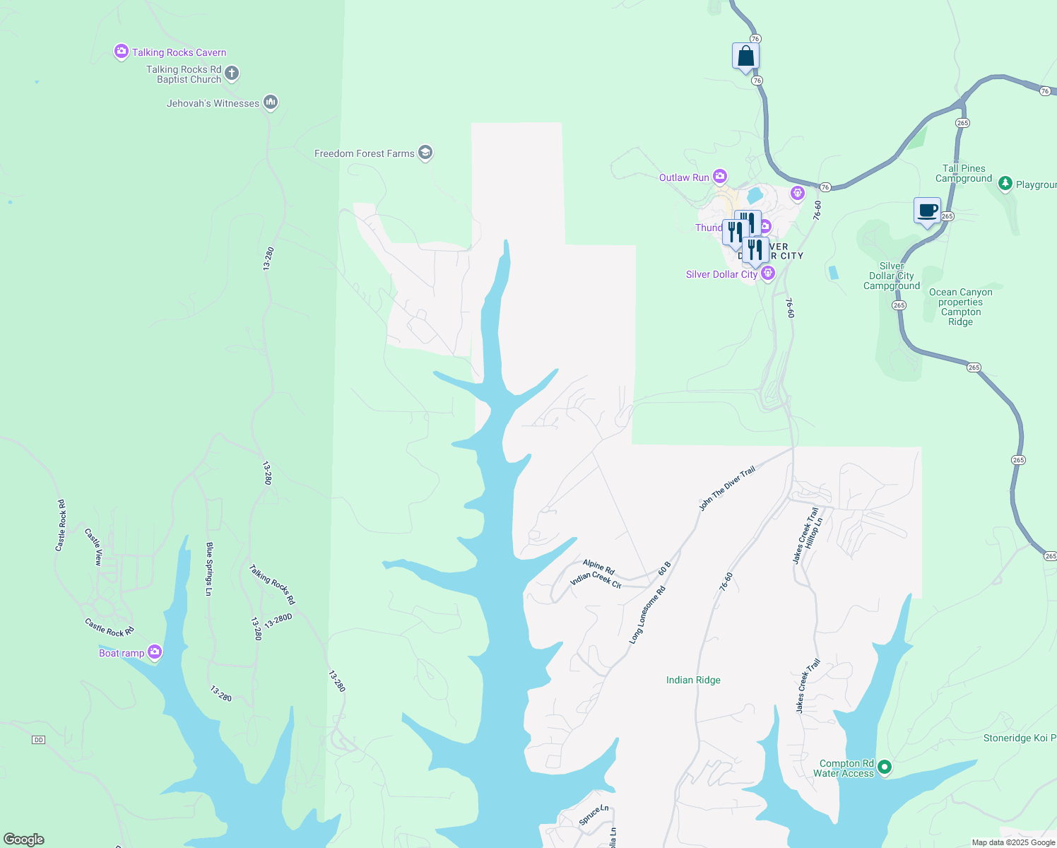 map of restaurants, bars, coffee shops, grocery stores, and more near 3 Woodpecker Lane in Branson