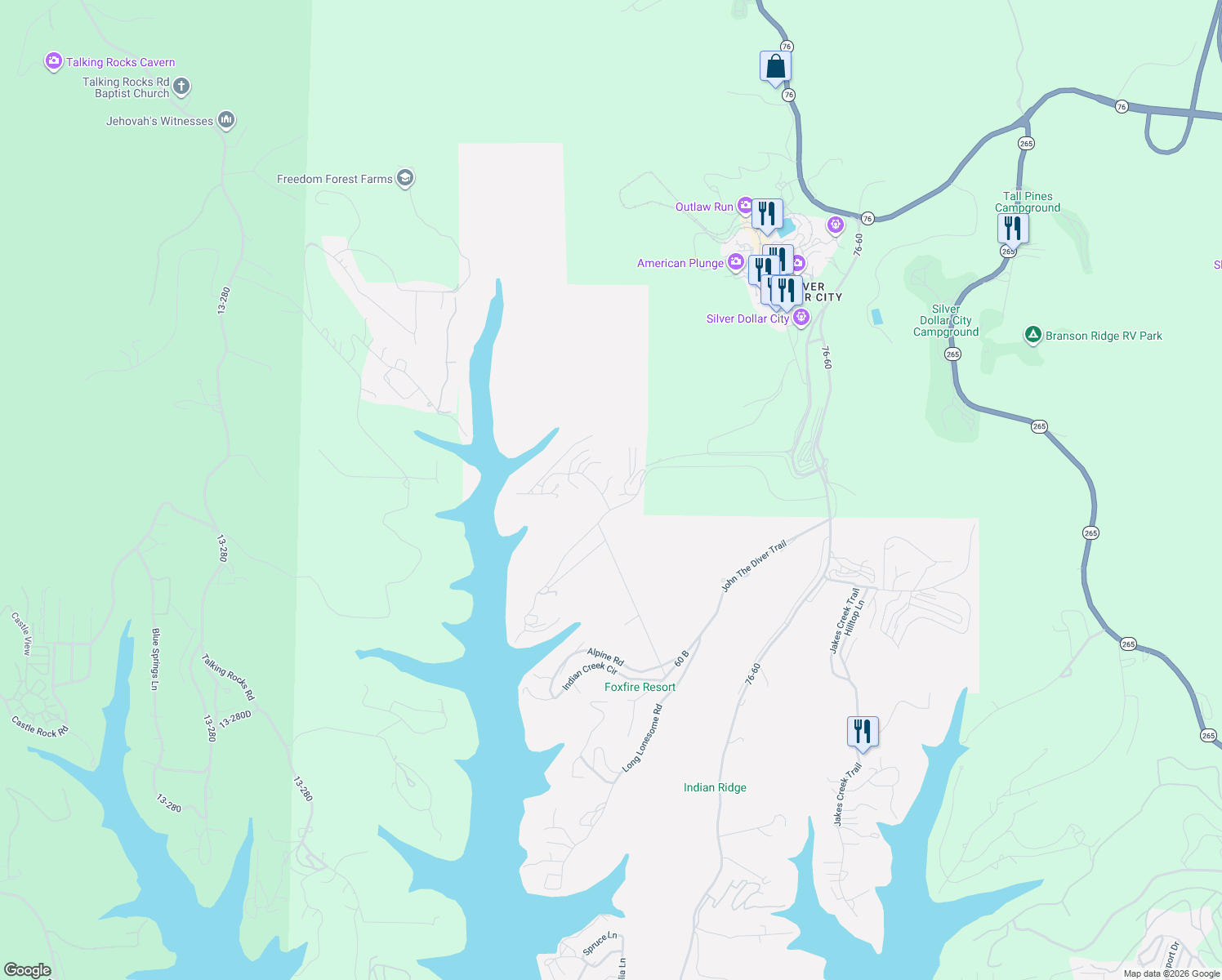 map of restaurants, bars, coffee shops, grocery stores, and more near 43 Songbird Circle in Branson