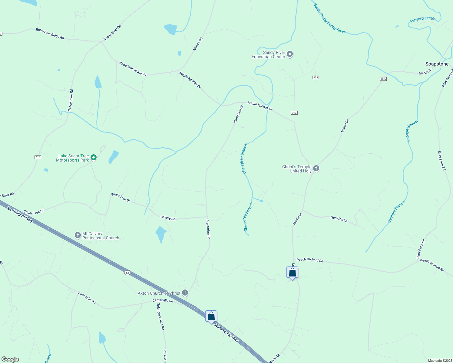map of restaurants, bars, coffee shops, grocery stores, and more near 897 Plantation Drive in Axton