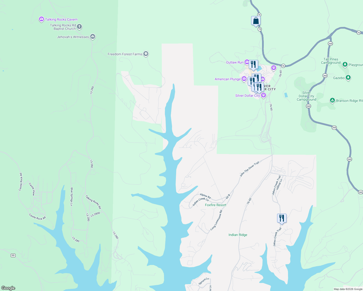 map of restaurants, bars, coffee shops, grocery stores, and more near 3 Woodpecker Lane in Branson