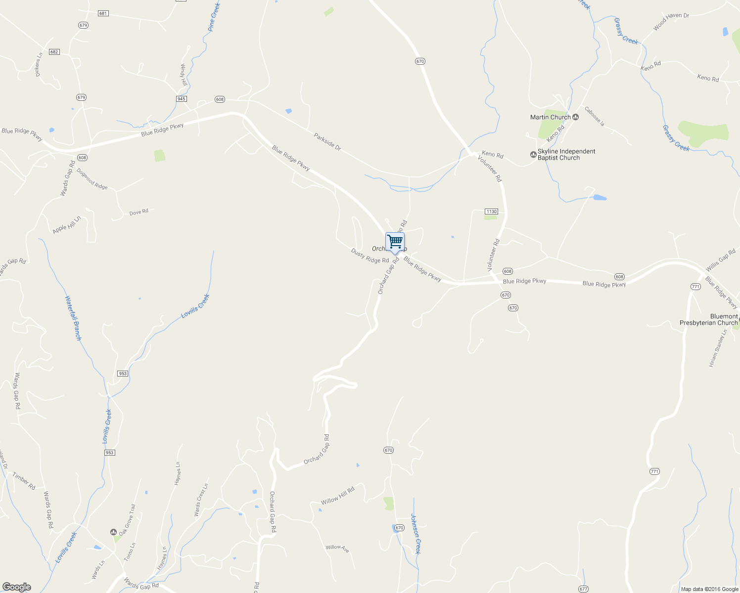 map of restaurants, bars, coffee shops, grocery stores, and more near Pilot Mountain Lane in Fancy Gap