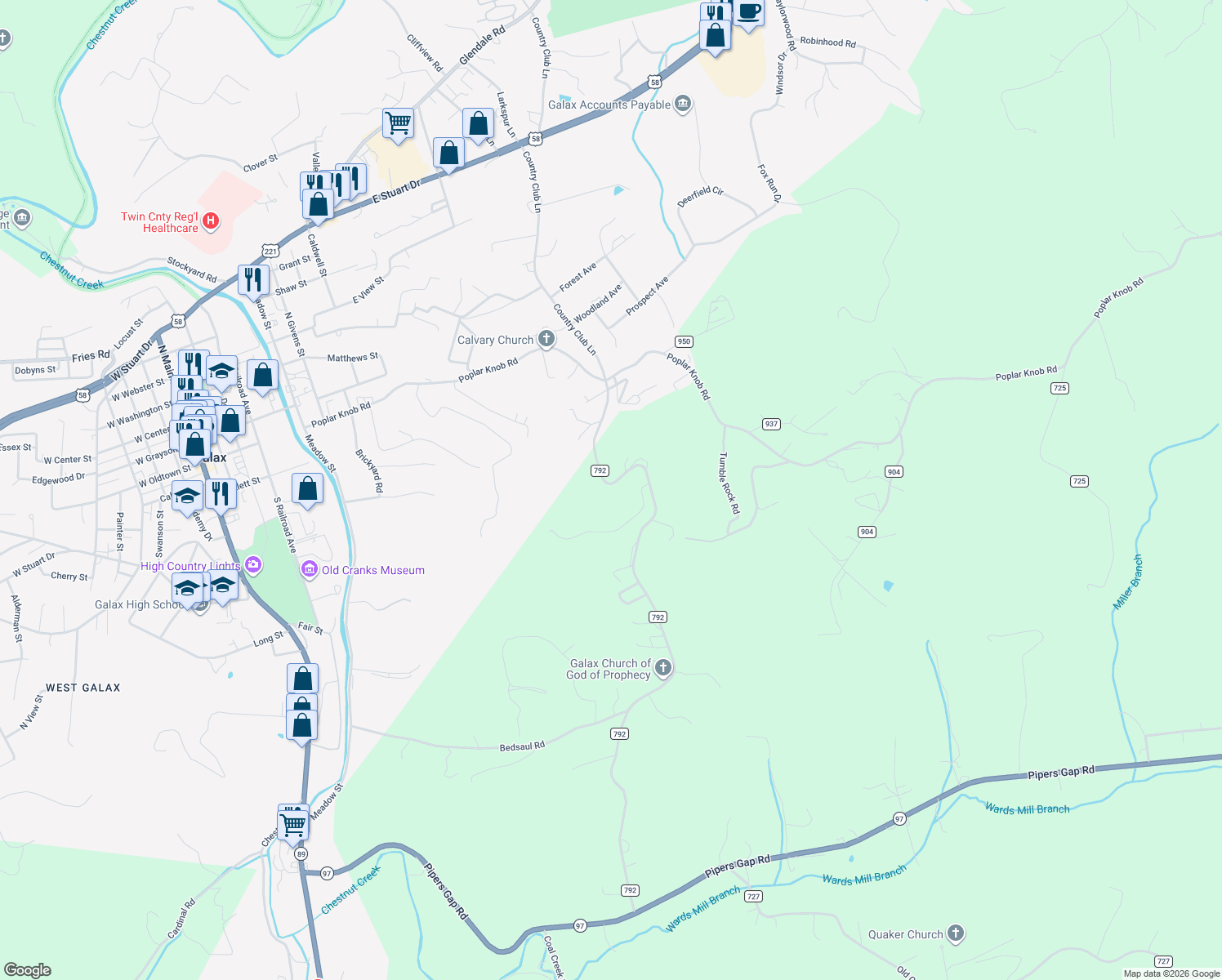 map of restaurants, bars, coffee shops, grocery stores, and more near 900-1198 Tower Road in Galax
