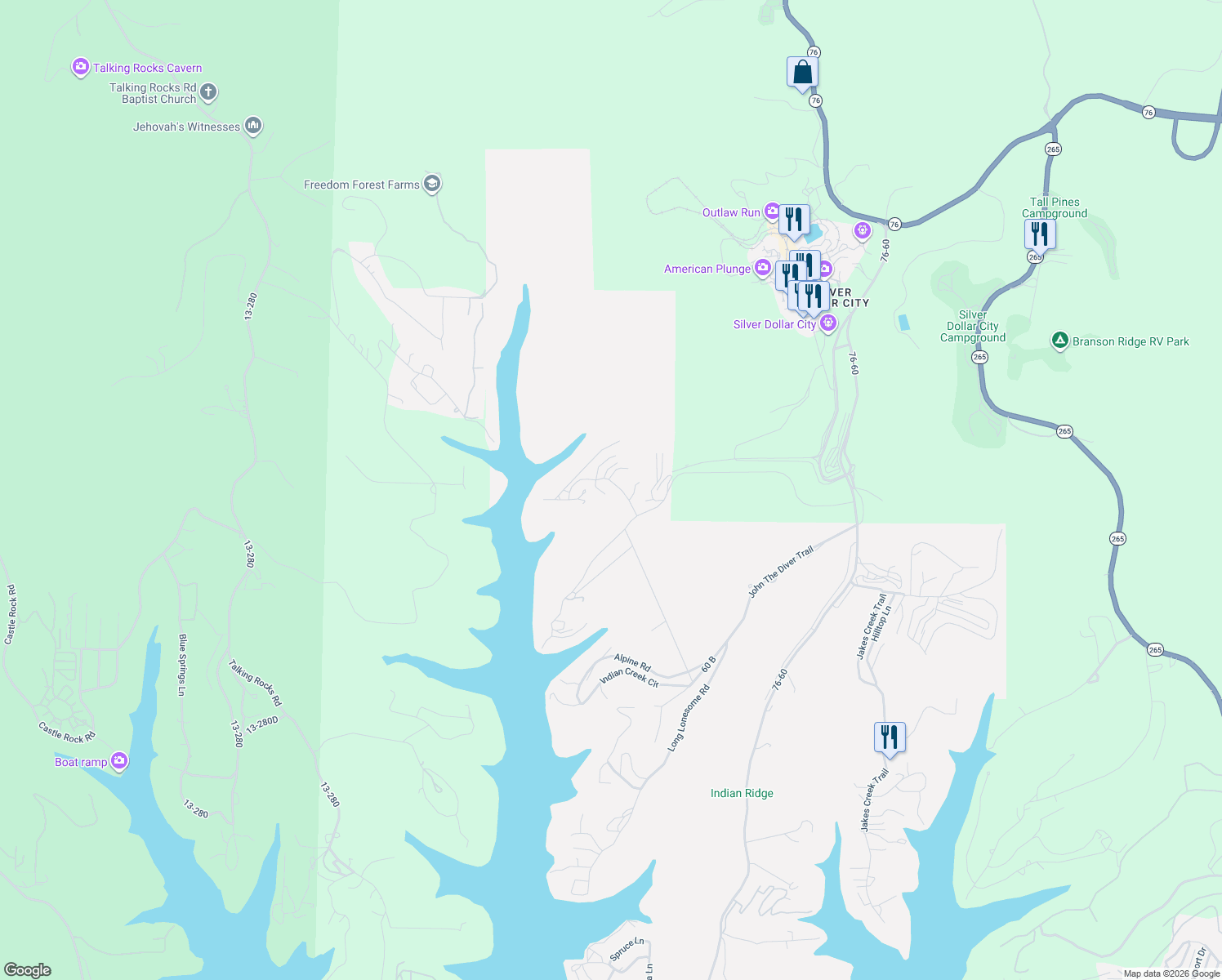 map of restaurants, bars, coffee shops, grocery stores, and more near 59-151 Lantern Bay Lane in Branson