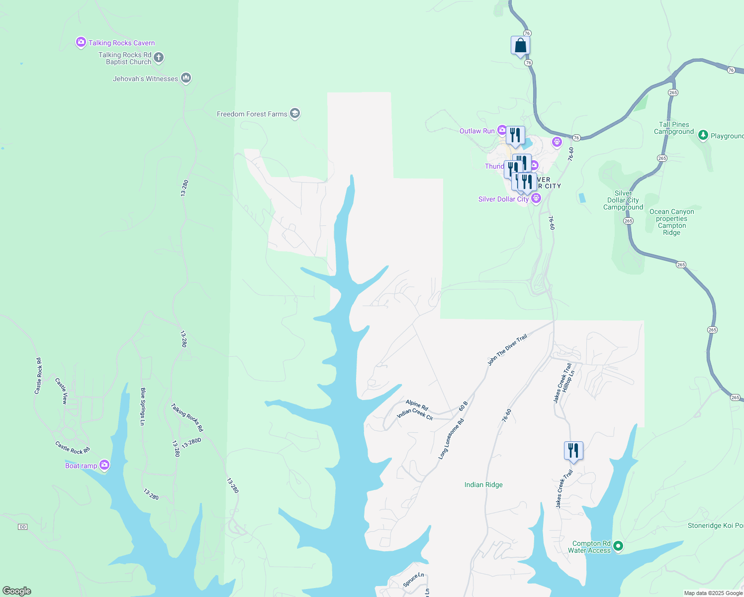map of restaurants, bars, coffee shops, grocery stores, and more near 3 Woodpecker Lane in Branson