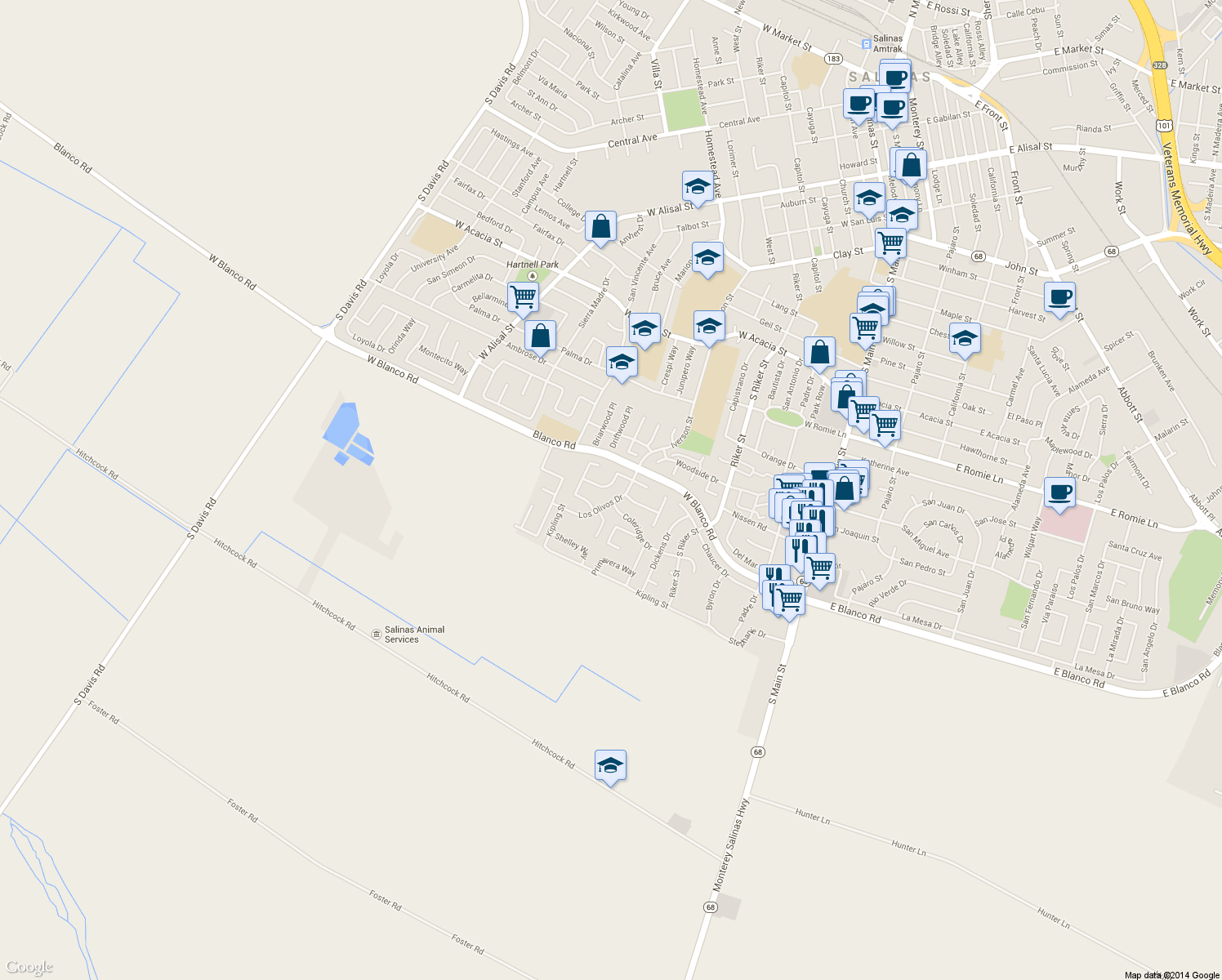 map of restaurants, bars, coffee shops, grocery stores, and more near 451 La Jolla Way in Salinas