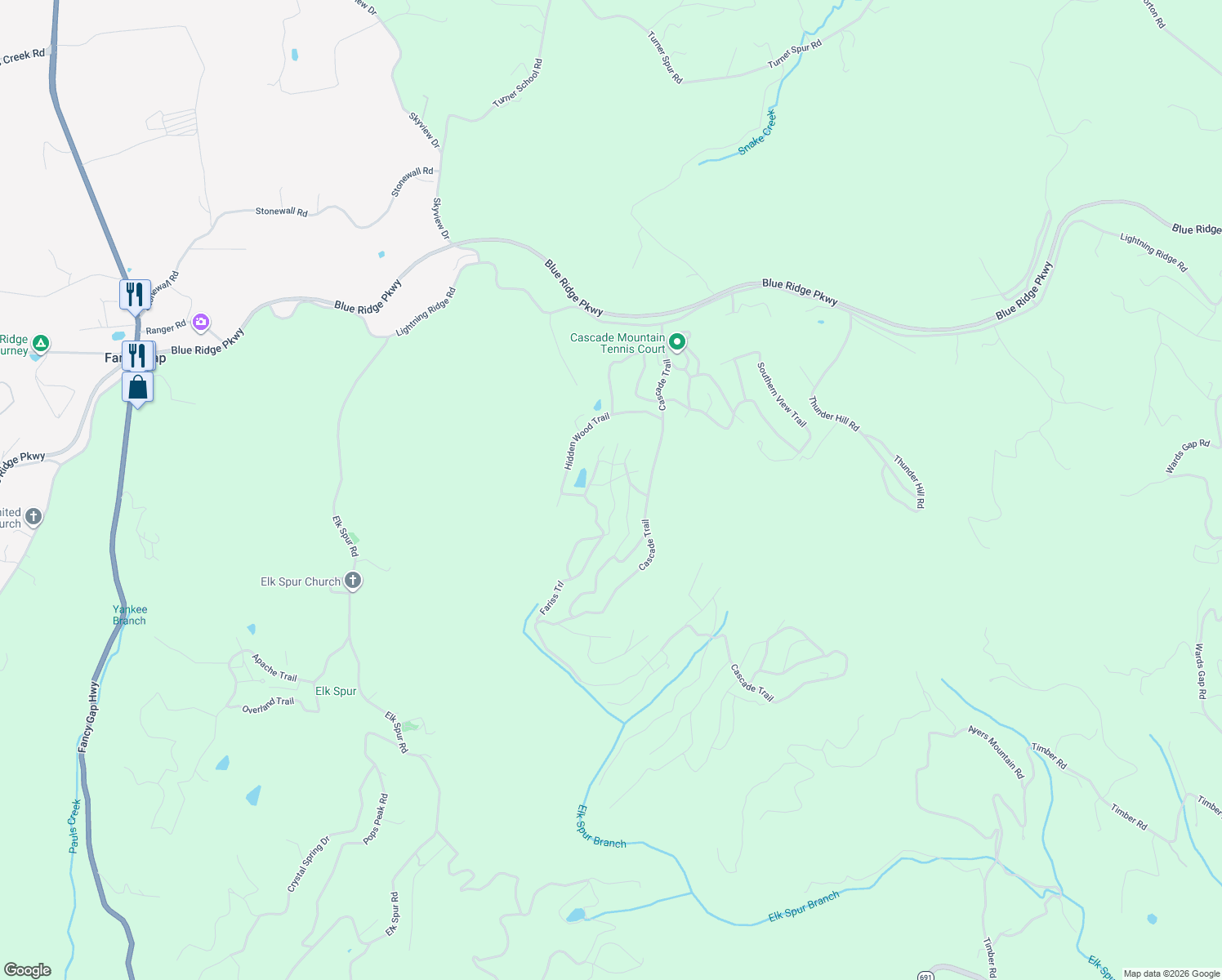 map of restaurants, bars, coffee shops, grocery stores, and more near 237 Laurel Drive in Fancy Gap
