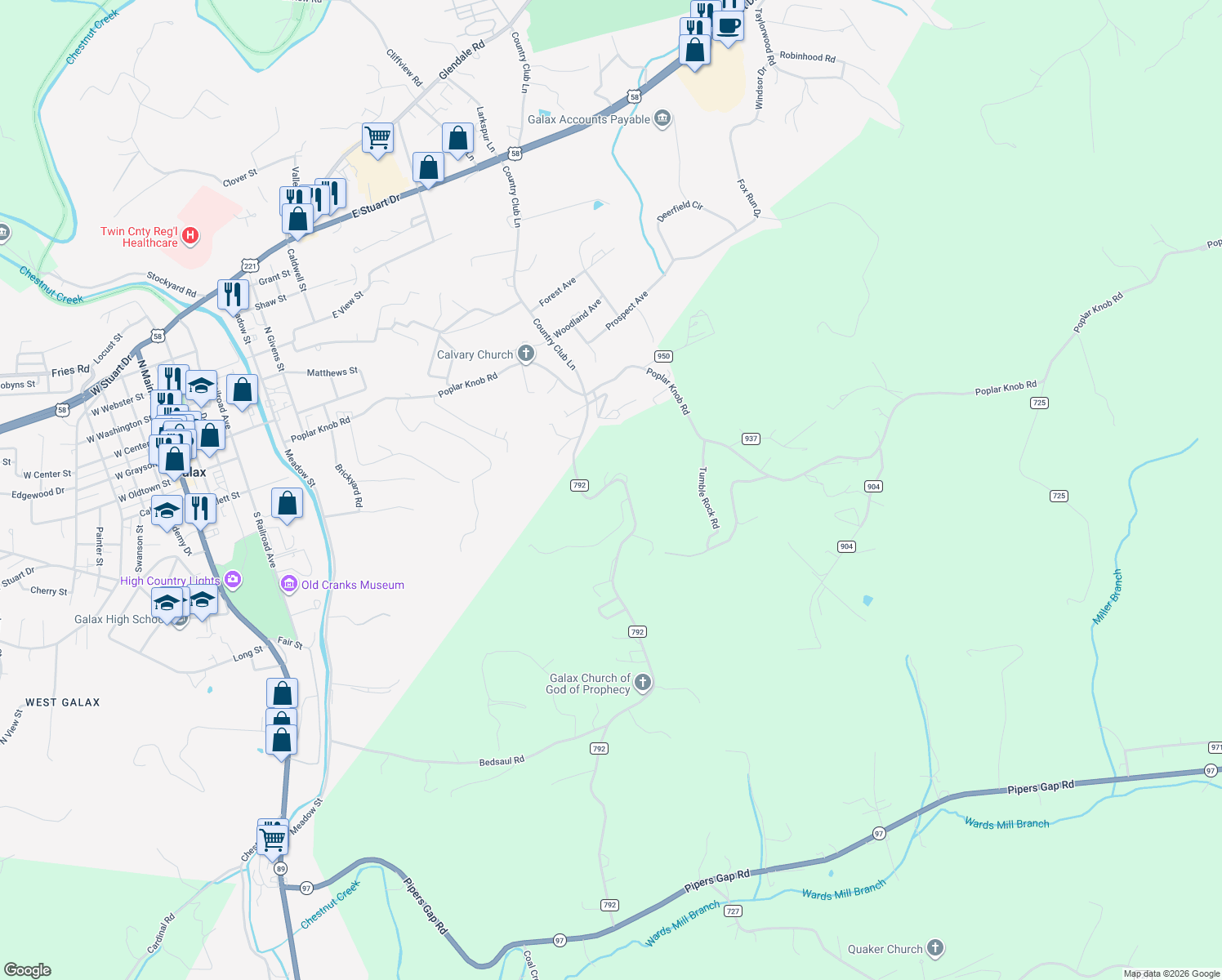 map of restaurants, bars, coffee shops, grocery stores, and more near 900 Tower Road in Galax