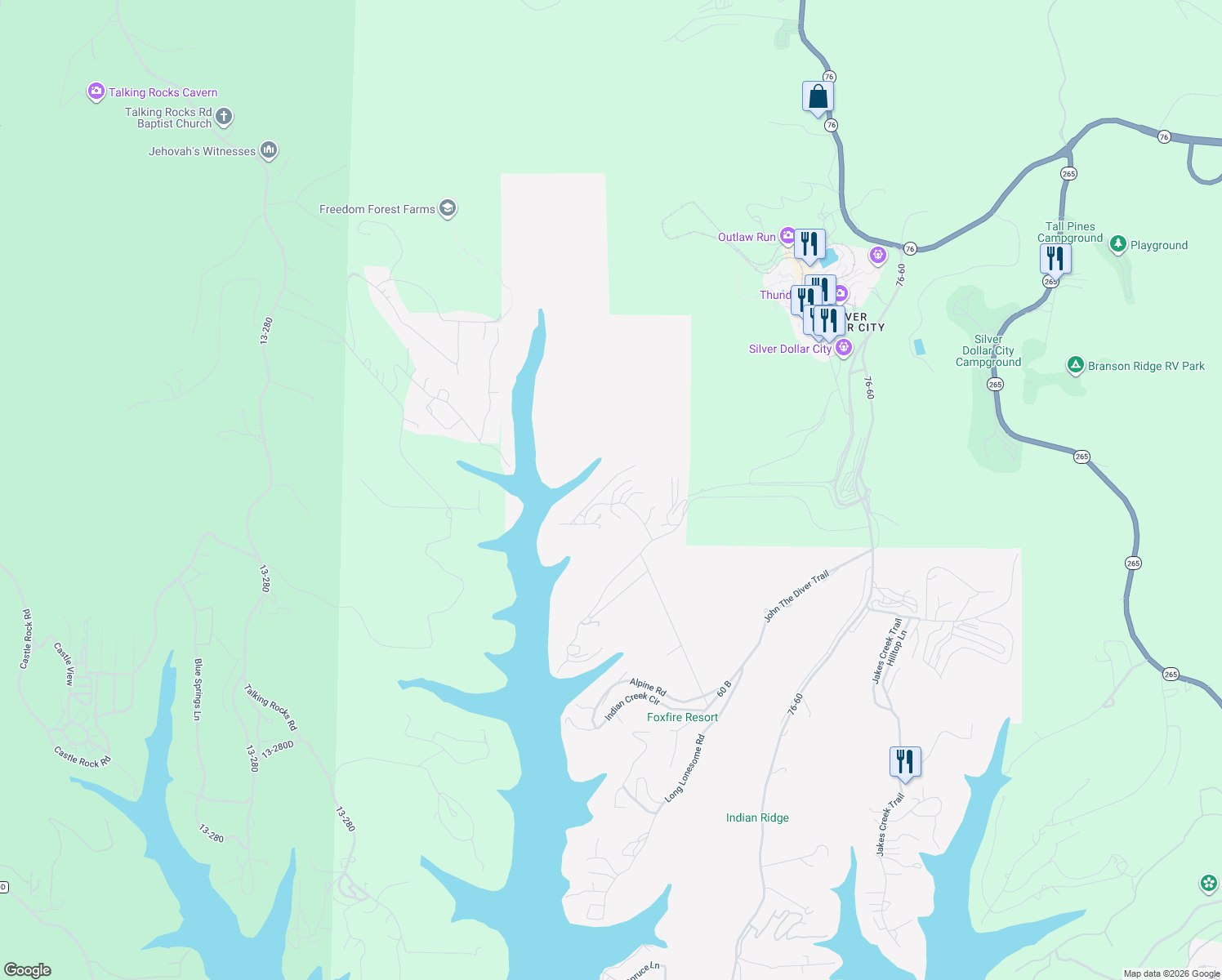 map of restaurants, bars, coffee shops, grocery stores, and more near 11 Woodpecker Lane in Branson
