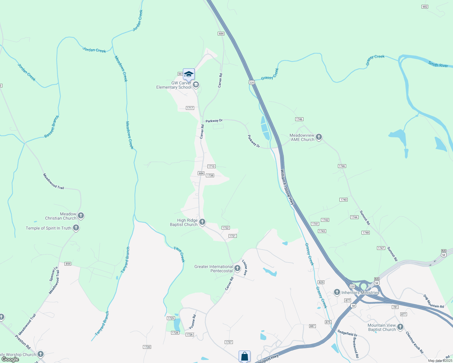 map of restaurants, bars, coffee shops, grocery stores, and more near 162 Crestmond Lane in Martinsville